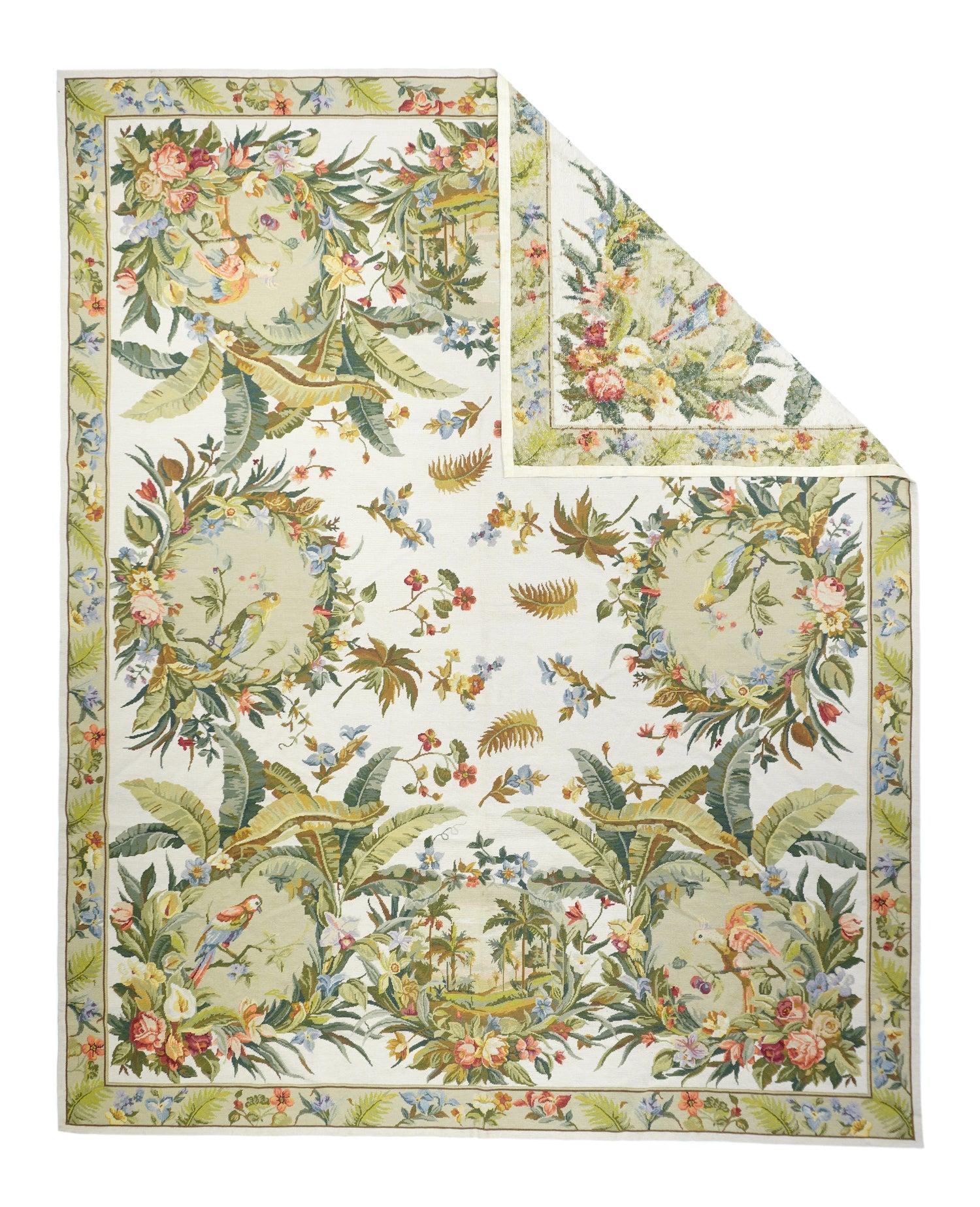 French Aubusson Design Rug 8' x 10'. Usually English or French, often with repeating allover designs executed with wool cross-stitches. Larger carpets are workshop productions, smaller pieces have a single artisan author. Flatweave texture, without