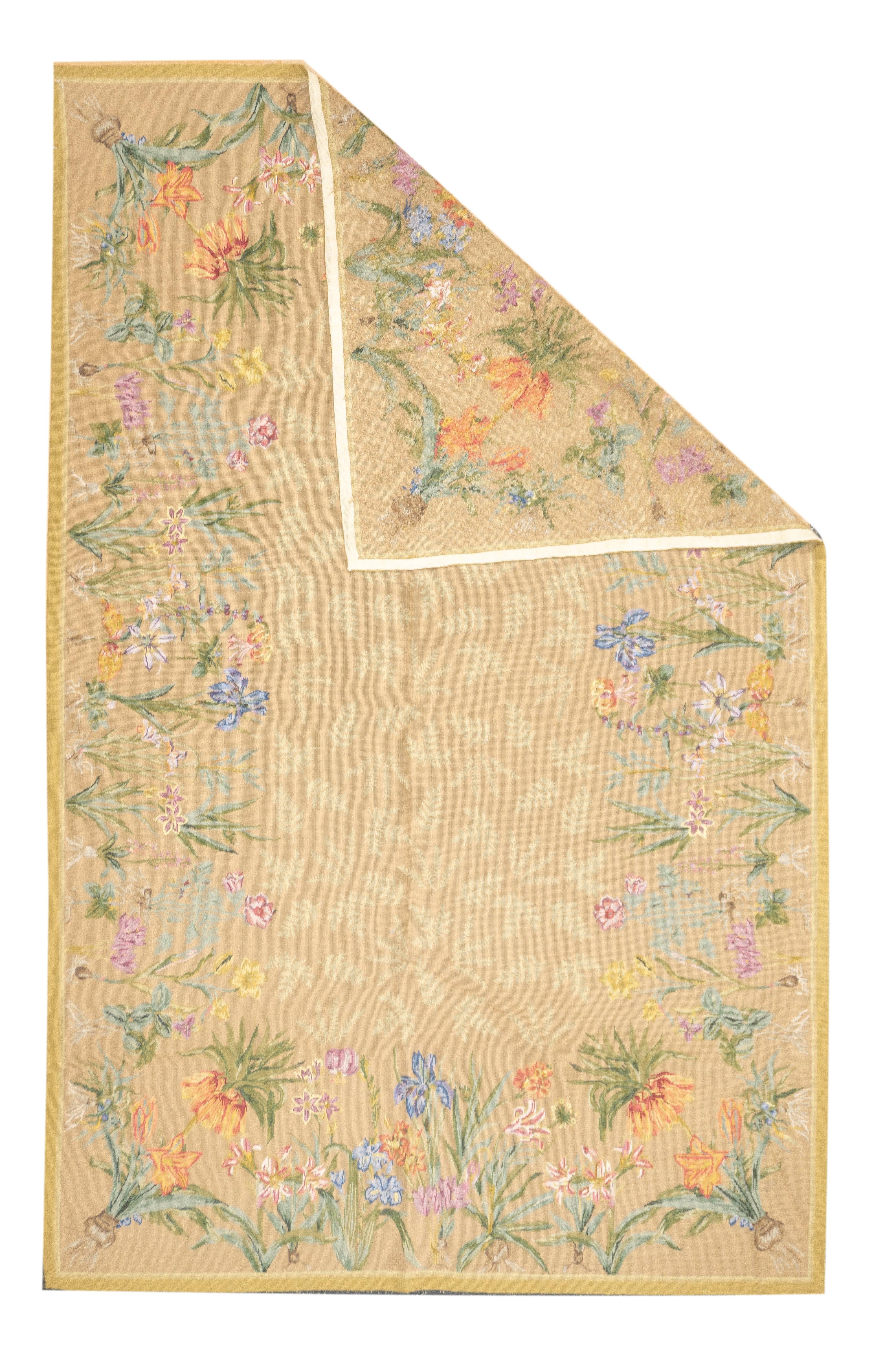 French Aubusson Design Rug 8' x 10'. Usually English or French, often with repeating allover designs executed with wool cross-stitches. Larger carpets are workshop productions, smaller pieces have a single artisan author. Flatweave texture, without