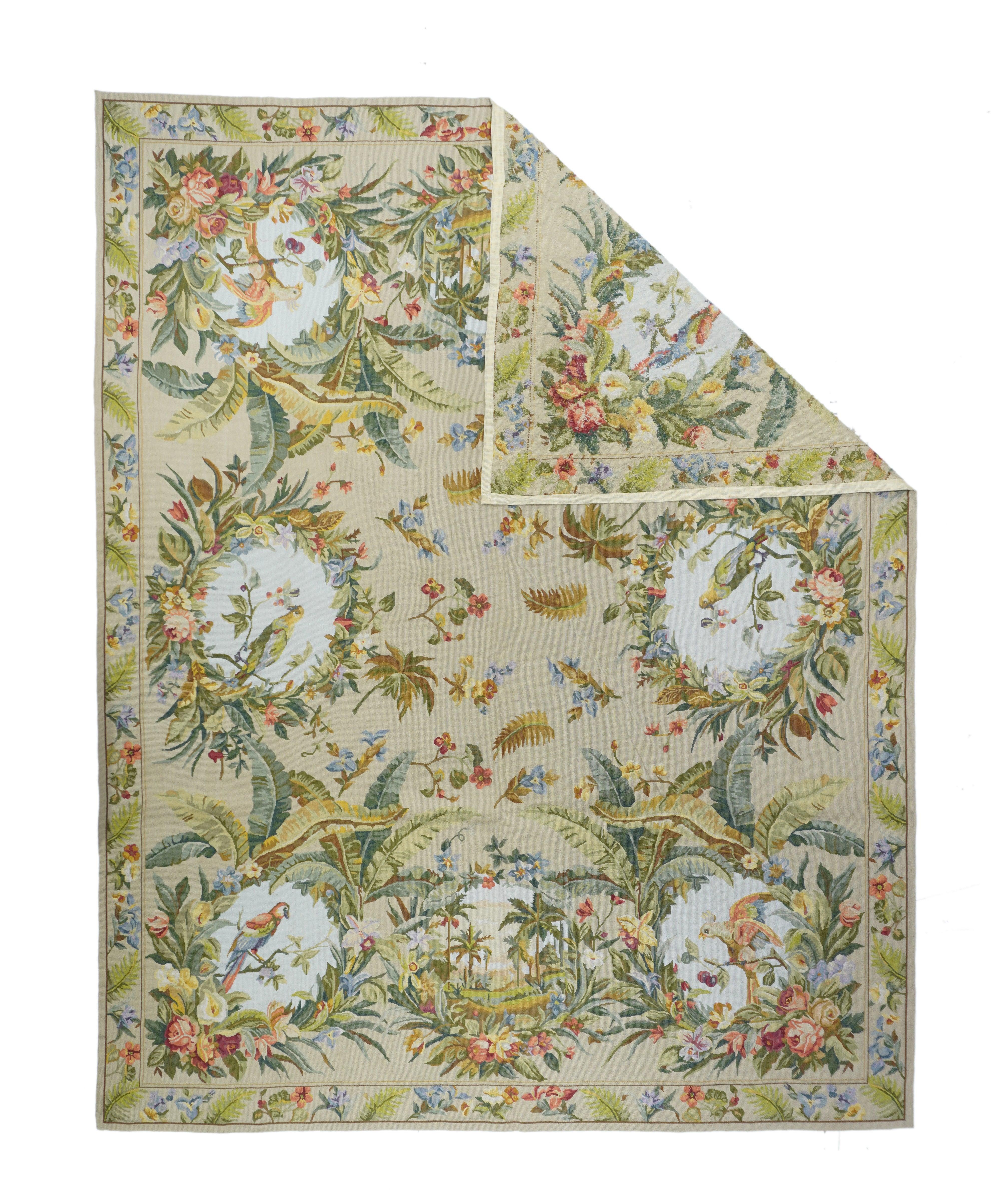 French Aubusson Design Rug 8'0'' x 10'0''.  Refers generally to modern carpets in tapestry technique and inspired by French Aubusson designs of the 18th and later centuries.  Geometric or semi-floral. Scatters to room sizes. Recent pieces are