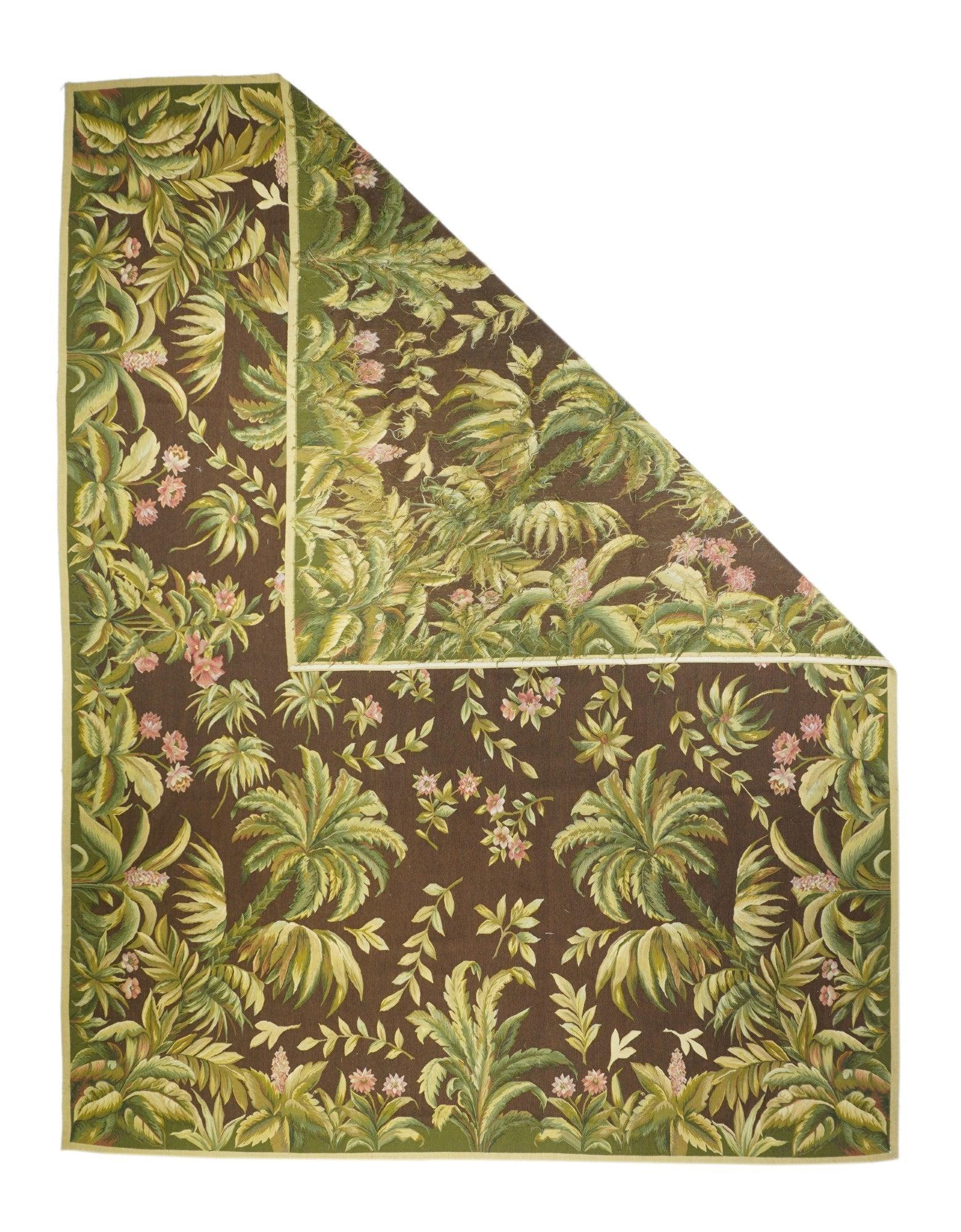 French Aubusson Design Rug 9' x 12'. Usually English or French, often with repeating allover designs executed with wool cross-stitches. Larger carpets are workshop productions, smaller pieces have a single artisan author. Flat weave texture, without