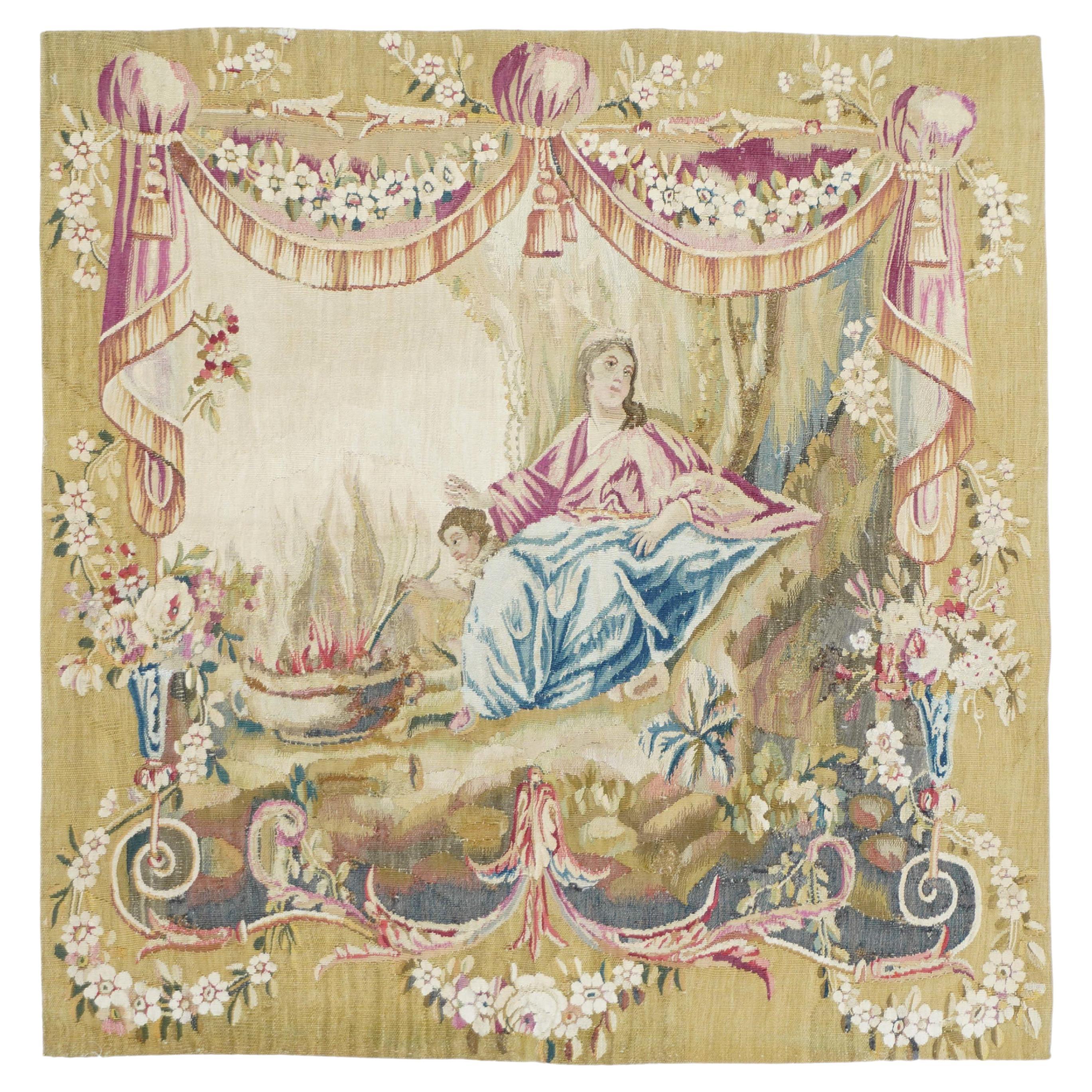 French Aubusson Design Tapestry Rug 2'8'' x 2'8'' For Sale