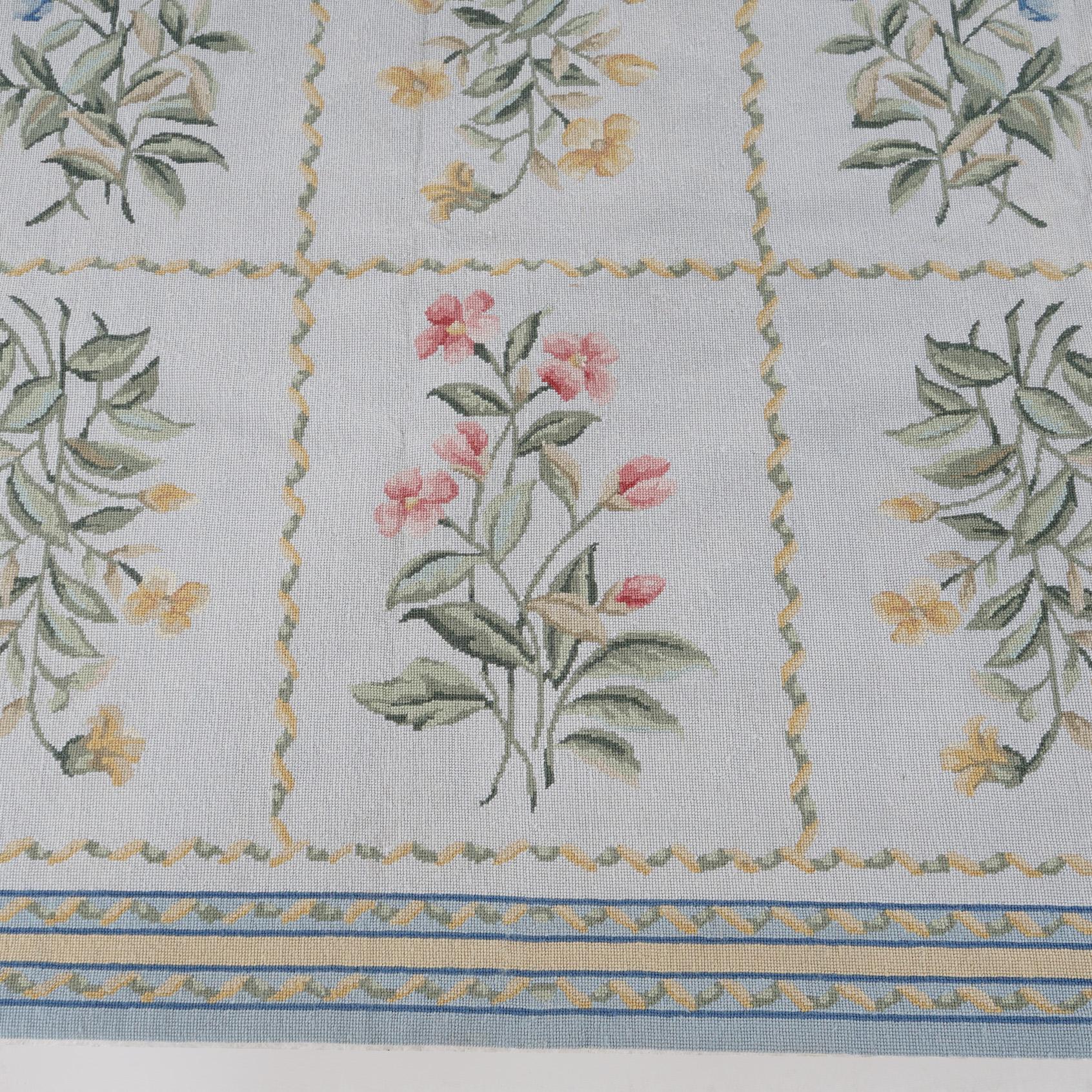 20th Century French Aubusson Needlepoint Room Size Paneled Floral Garden Wool Rug 20th C