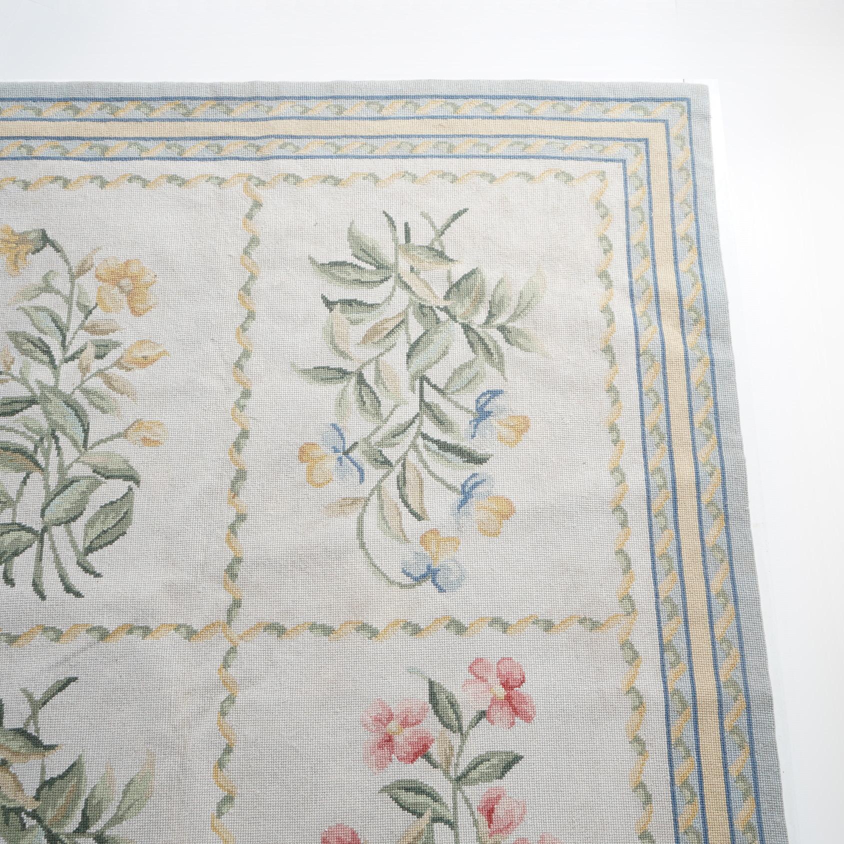 French Aubusson Needlepoint Room Size Paneled Floral Garden Wool Rug 20th C For Sale 4