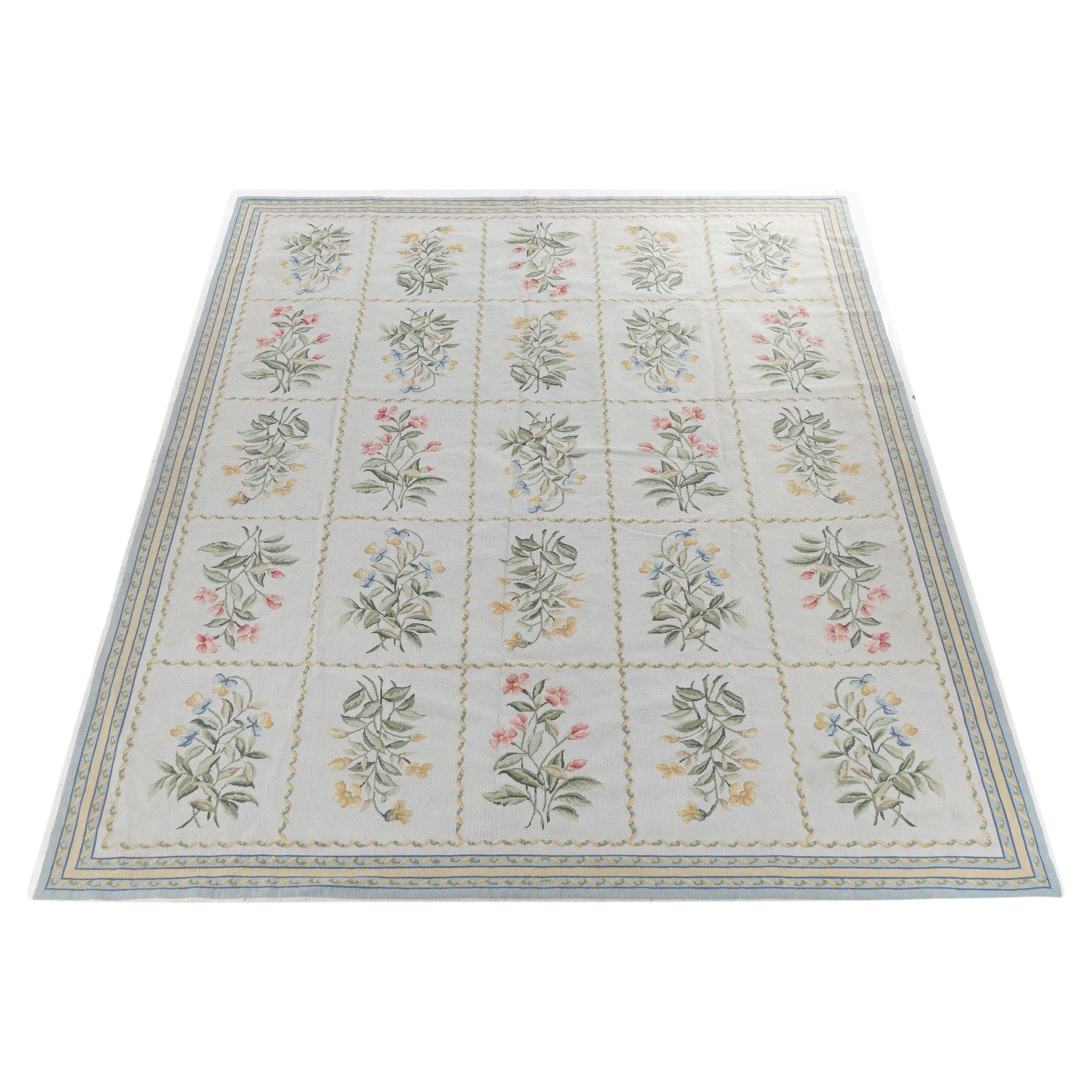 French Aubusson Needlepoint Room Size Paneled Floral Garden Wool Rug 20th C For Sale