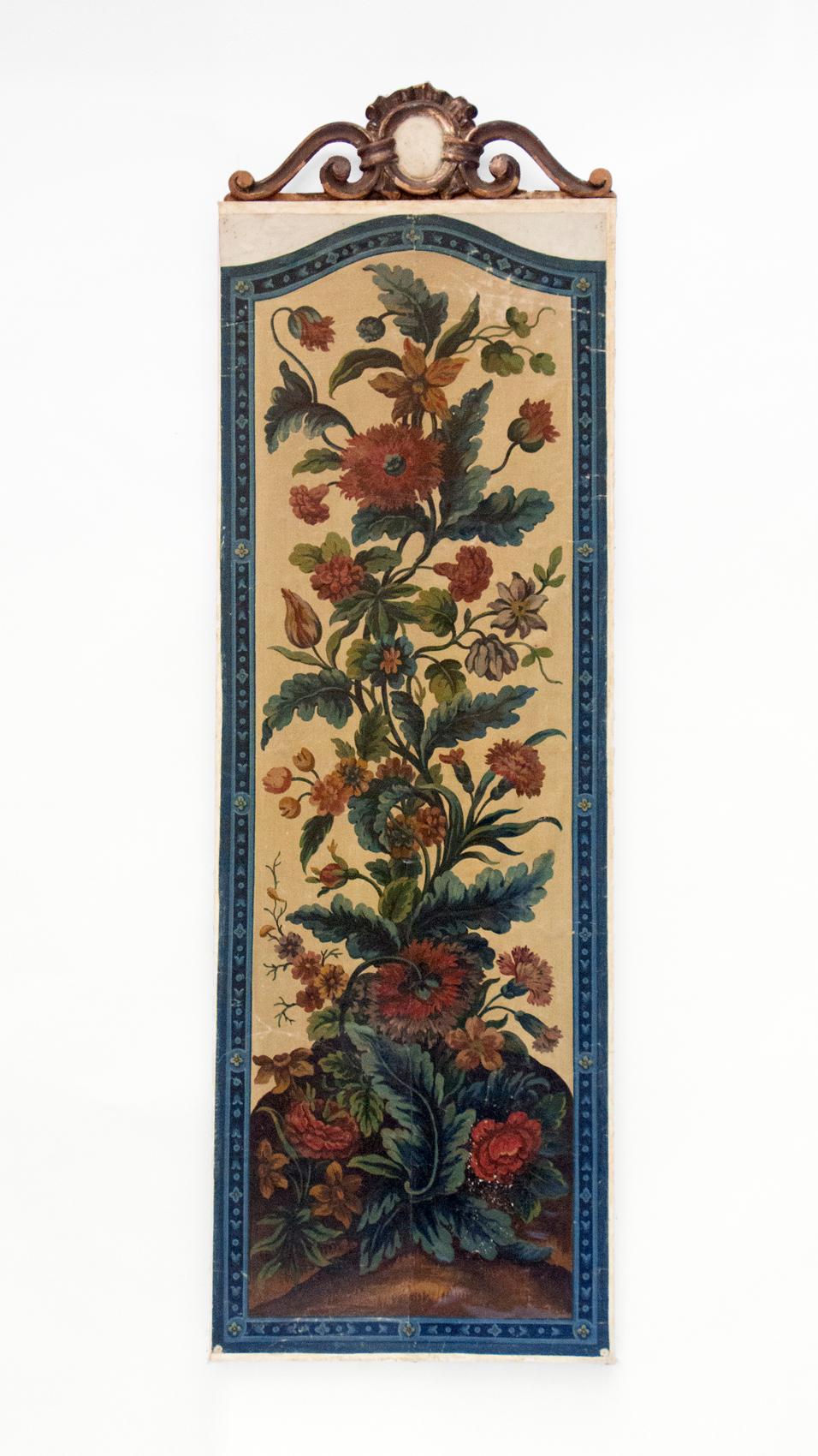18th century French Aubusson floral painting framed with an 18th century French fragment.

The oil painting original comes from France and is painted with a Aubusson-tapestry floral design with deep red and green hues. The history of Aubusson