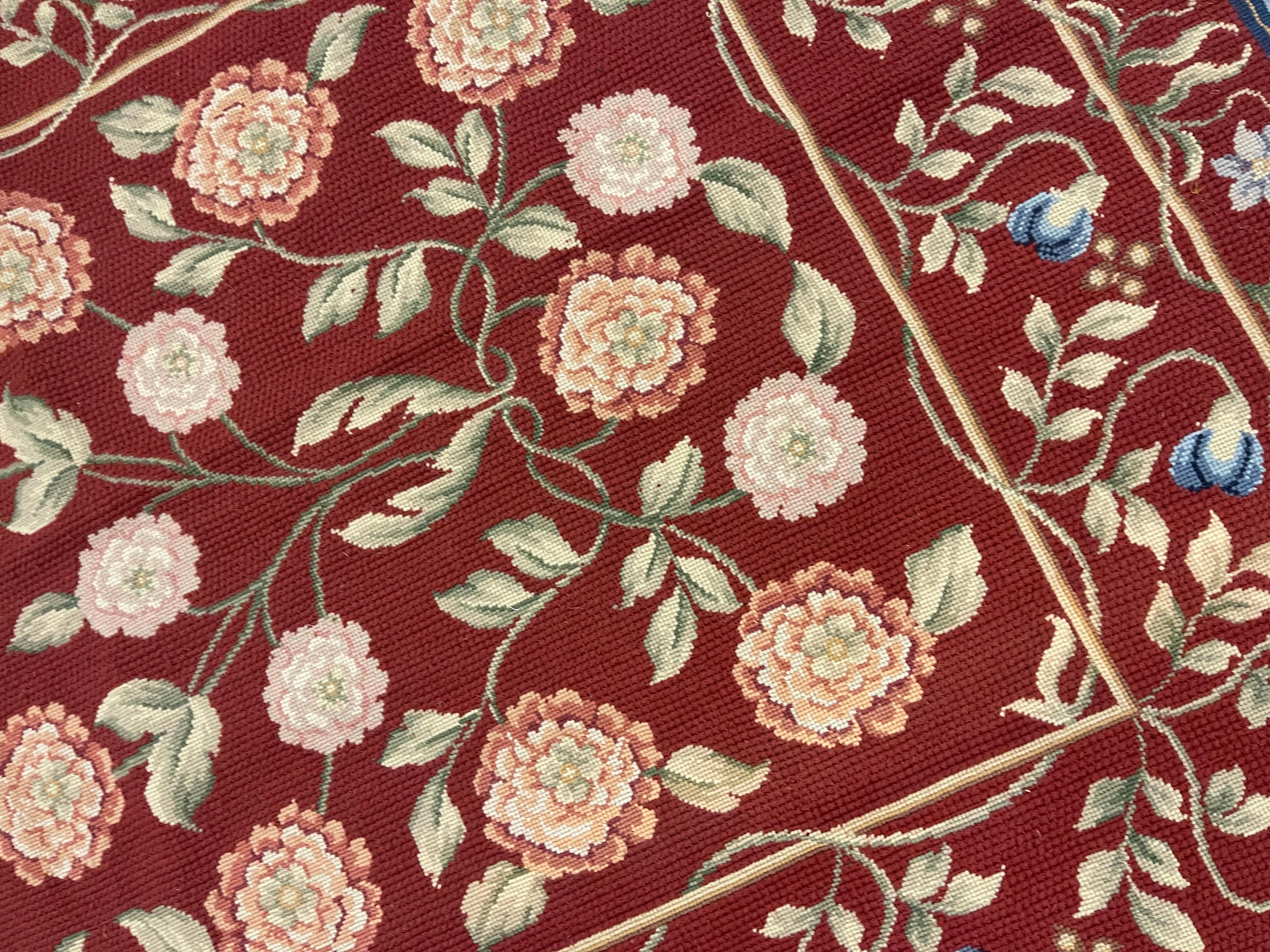 French Aubusson Rug Red Traditional Carpet Handwoven Wool Floral Needlepoint Rug In Excellent Condition For Sale In Hampshire, GB