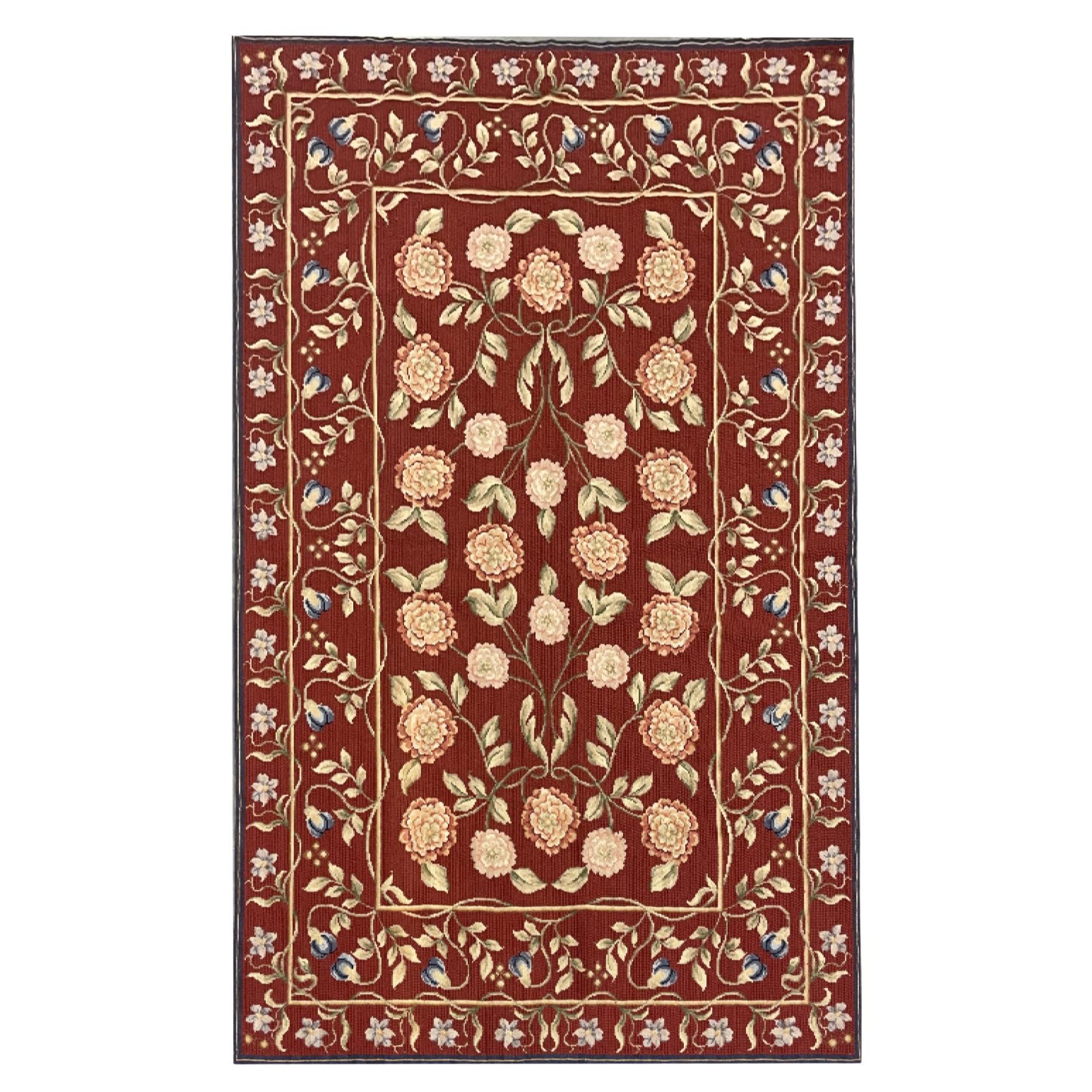 French Aubusson Rug Red Traditional Carpet Handwoven Wool Floral Needlepoint Rug For Sale