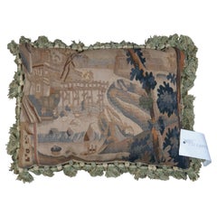 French Aubusson Style Down Fill Needlepoint Riverscape Landscape Tassel Pillow