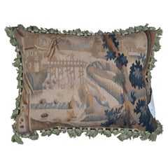 French Aubusson Style Down Fill Needlepoint Riverscape Landscape Tassel Pillow