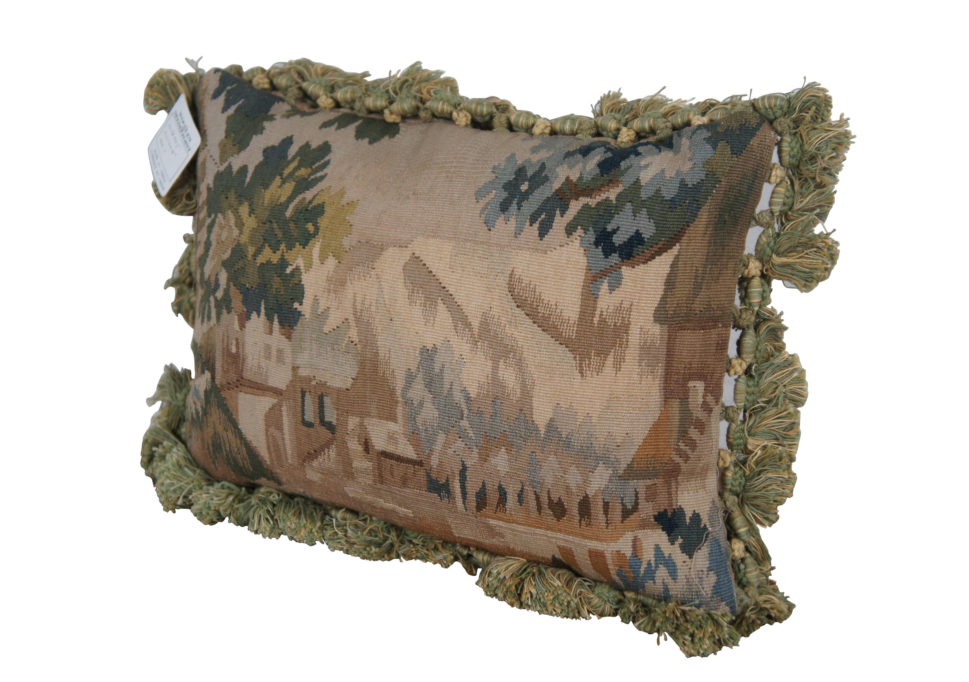 3 Available - 20th century French Aubusson style rectangular throw / lumbar pillow, machine embroidered in wool with a castle peeping through a forested landscape. Down Filled. Green and gold tassel trim. Light brown velour back with zipper closure.