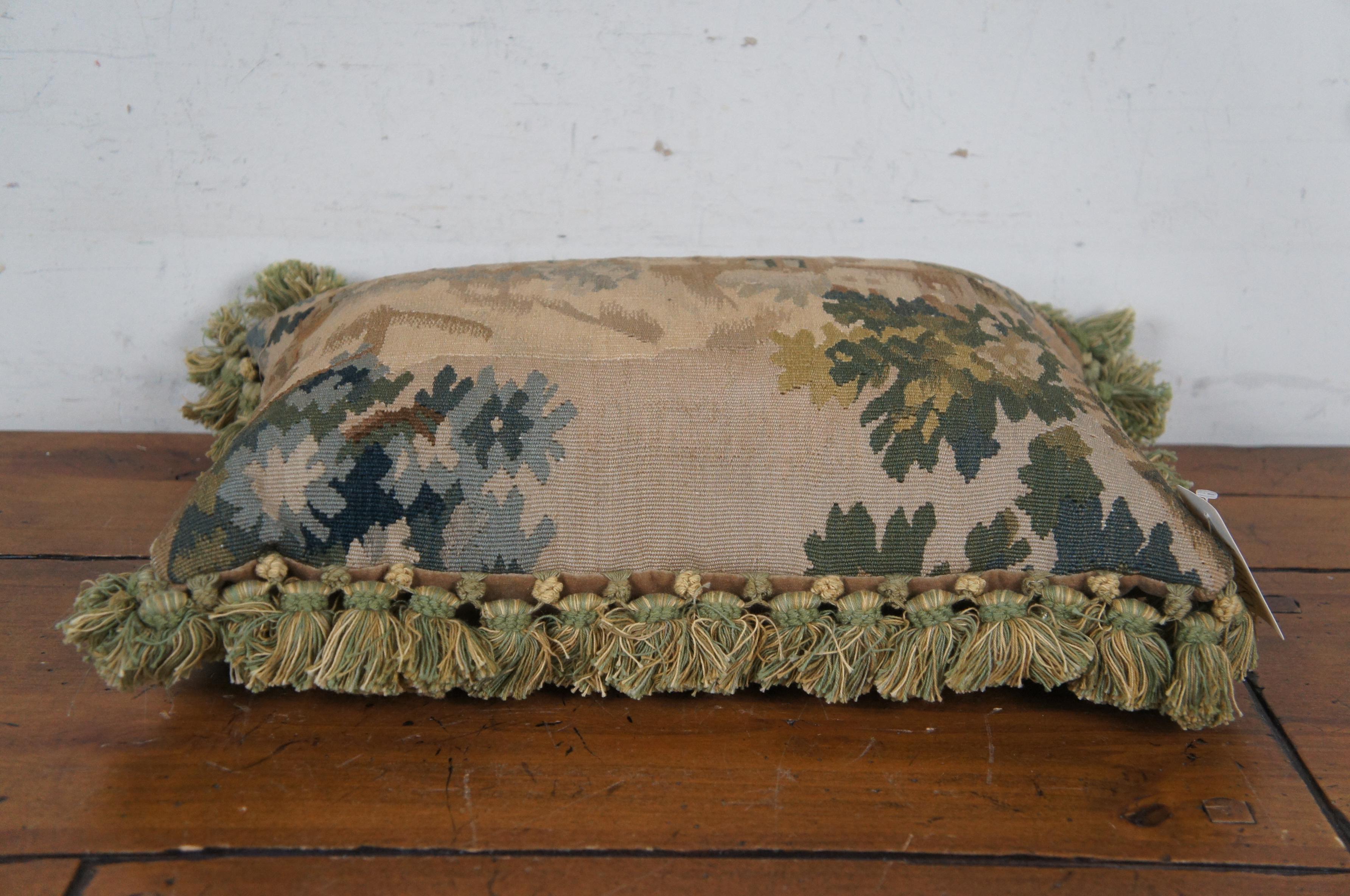 20th Century French Aubusson Style Down Fill Wool Needlepoint Castle Landscape Tassel Pillow