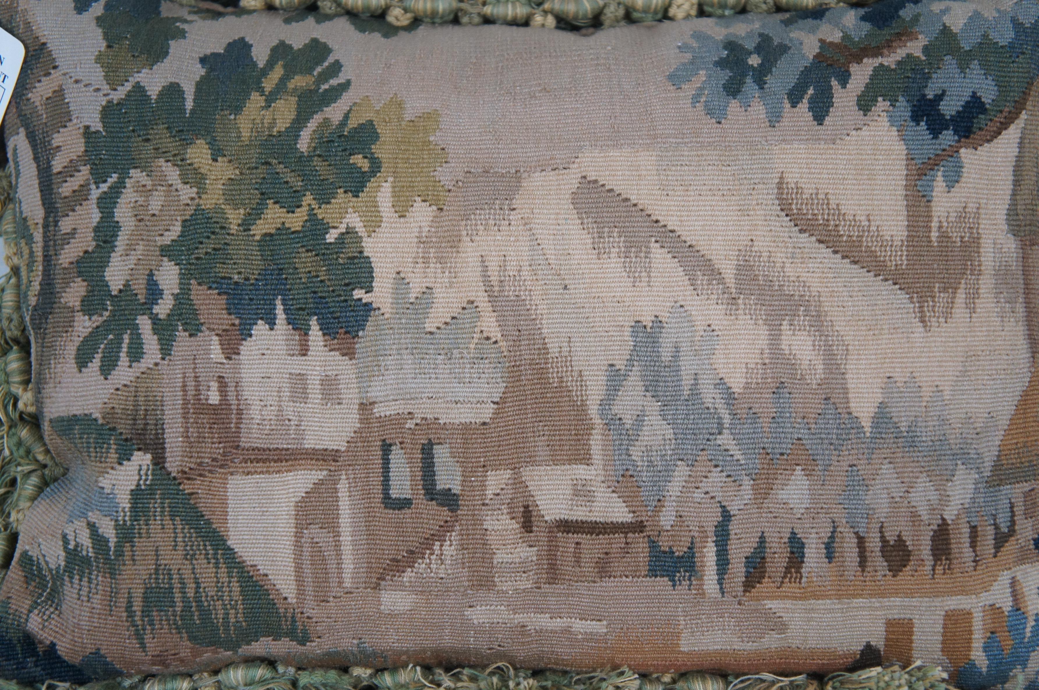 French Aubusson Style Down Fill Wool Needlepoint Castle Landscape Tassel Pillow 4