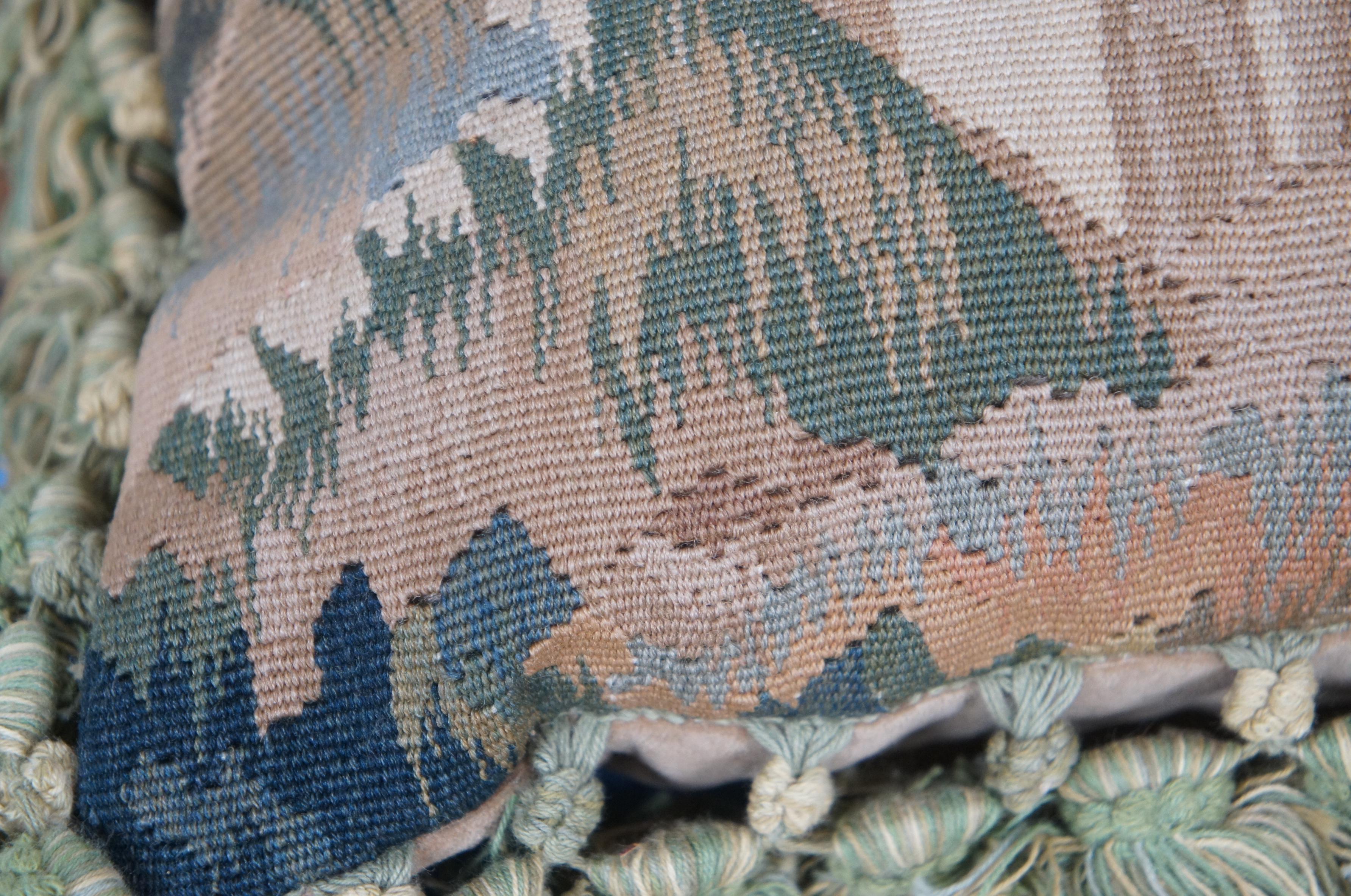 French Aubusson Style Down Fill Wool Needlepoint Castle Landscape Tassel Pillow 5