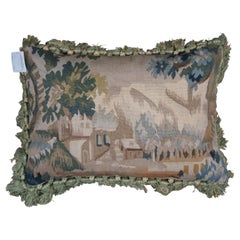 French Aubusson Style Down Fill Wool Needlepoint Castle Landscape Tassel Pillow