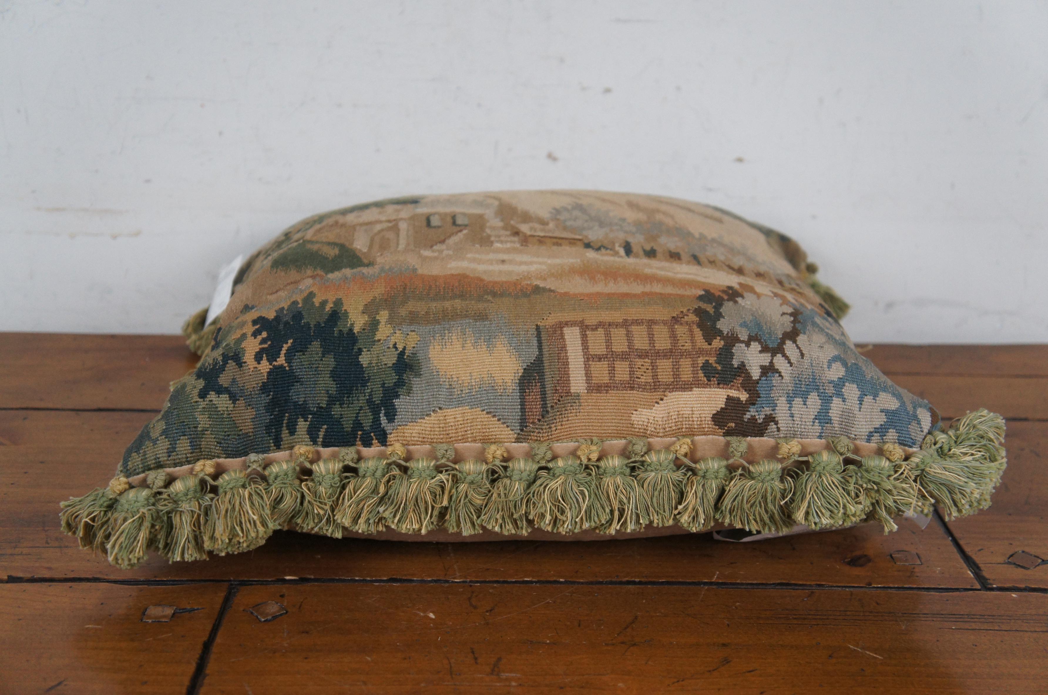 20th Century French Aubusson Style Down Filled Wool Needlepoint Castle Landscape Pillow 18