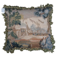 Vintage French Aubusson Style Down Filled Wool Needlepoint Castle Landscape Pillow 18" 