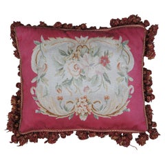 French Aubusson Style Pink Floral Embroidered Tassel Lumbar Throw Pillow 20"