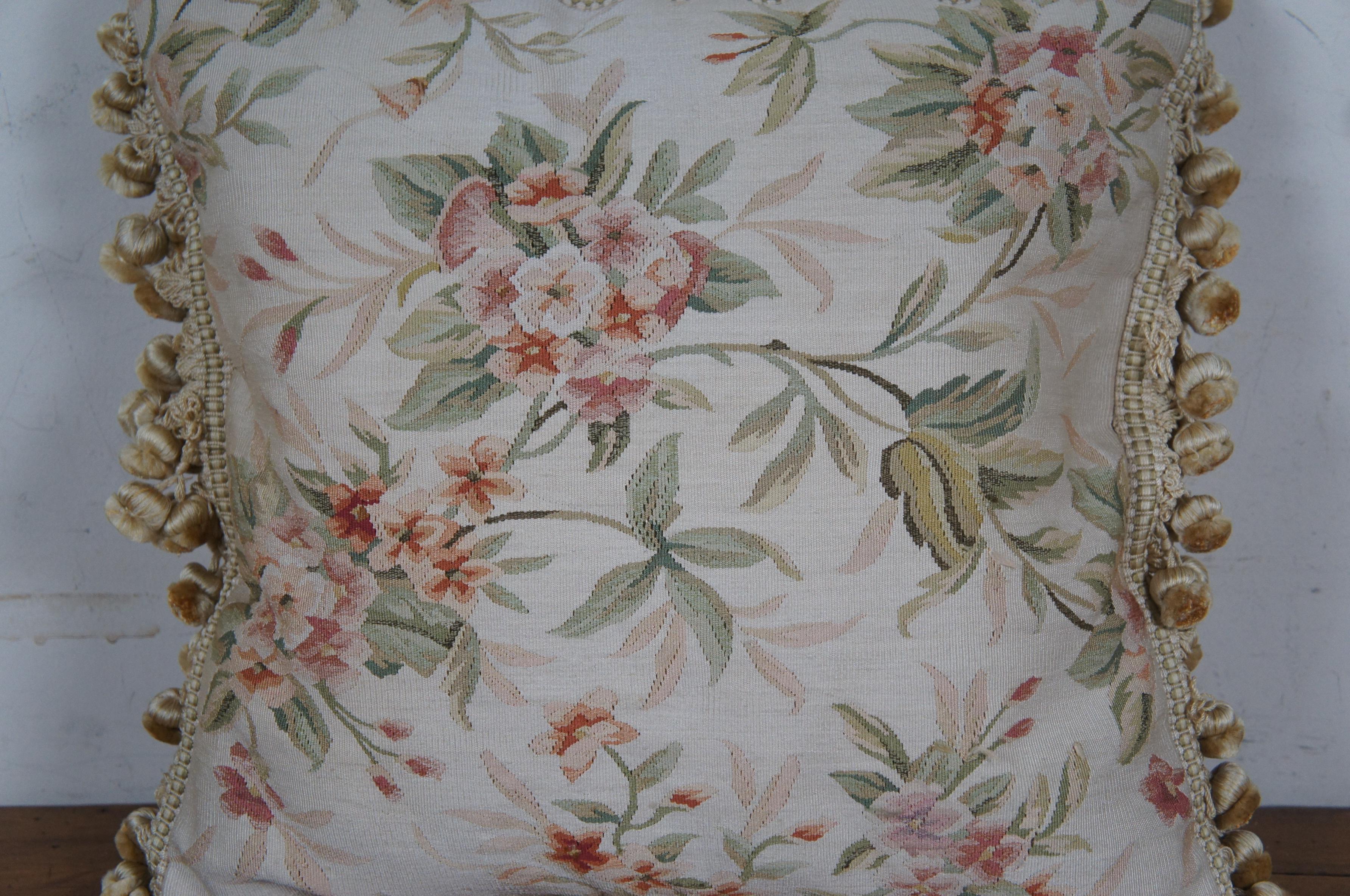 French Aubusson Style Silk Down Fill Floral Embroidered Lumbar Throw Pillow 16