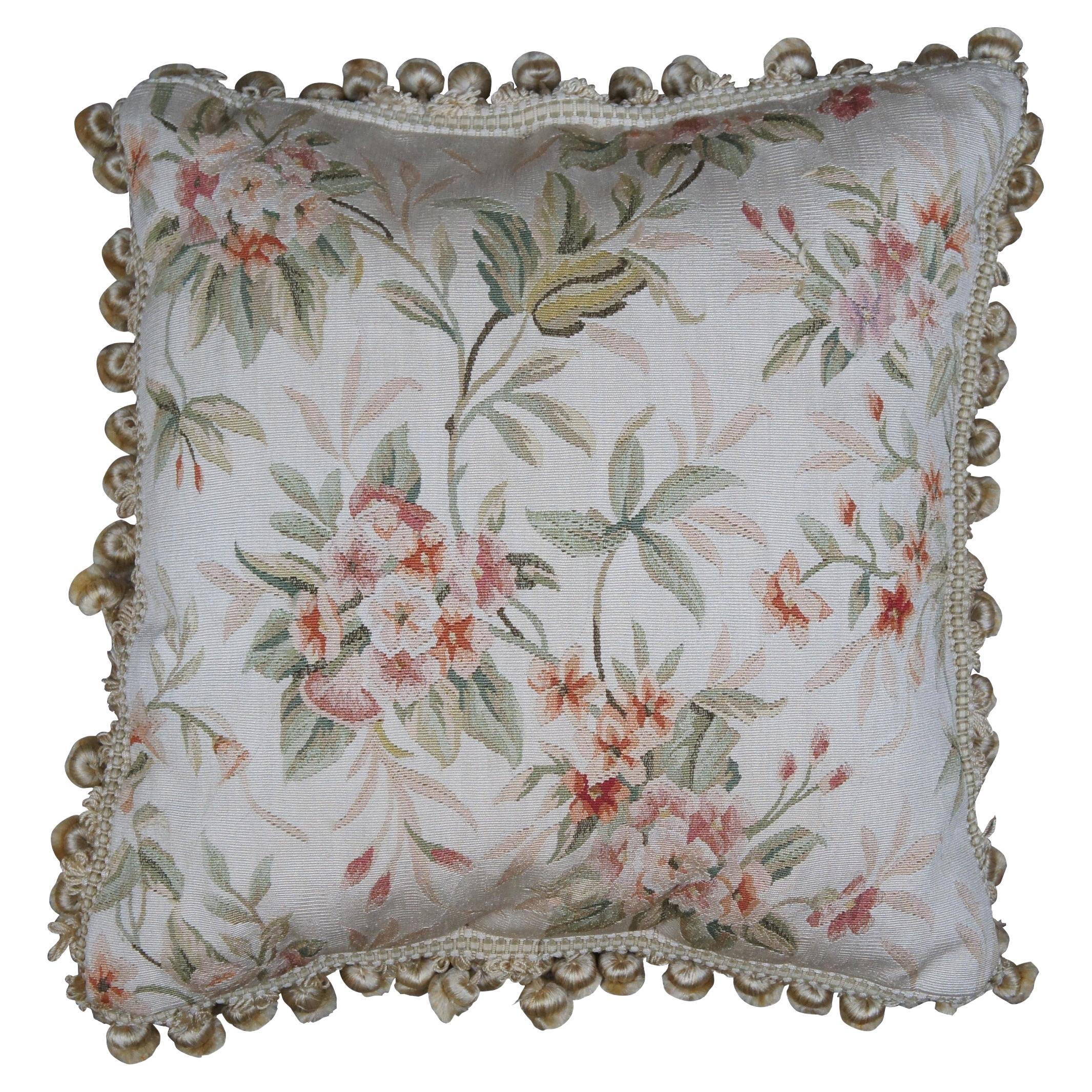 French Aubusson Style Silk Down Fill Floral Embroidered Lumbar Throw Pillow 16"