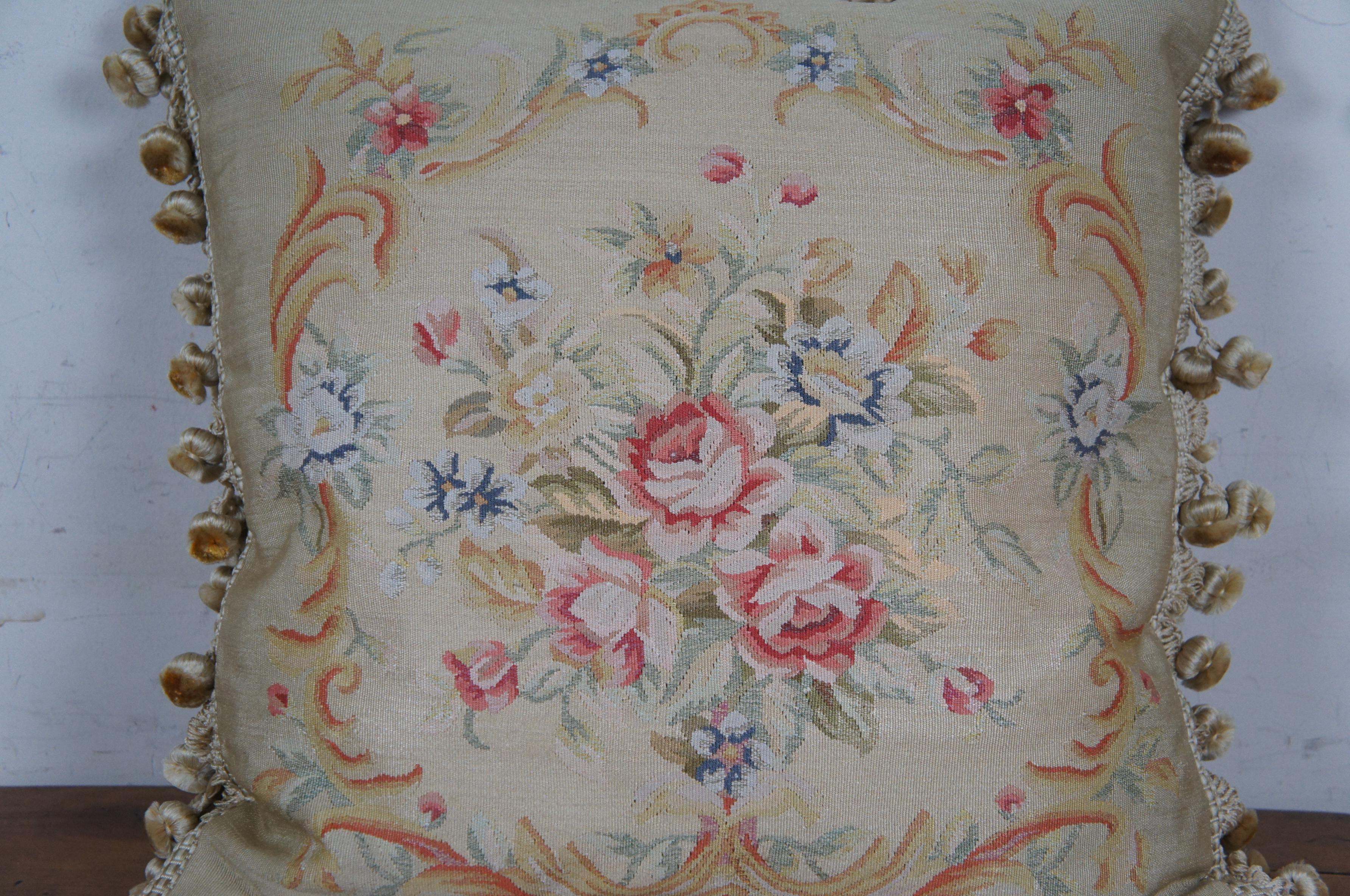 French Aubusson Style Silk Down Fill Floral Embroidered Lumbar Throw Pillow 18
