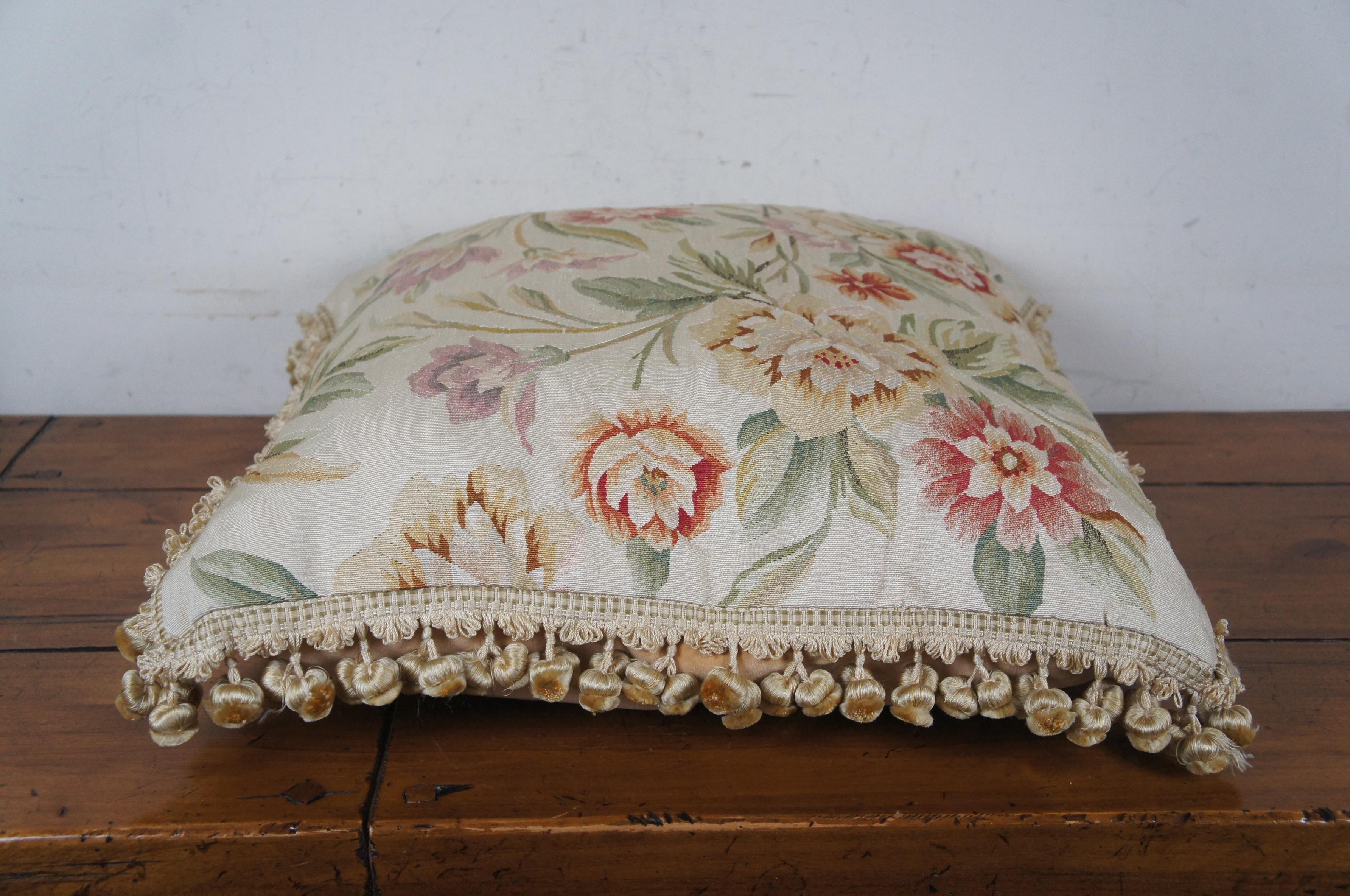 20th Century French Aubusson Style Silk Floral Fiber Filled Lumber Throw Pillow w Tassels 22