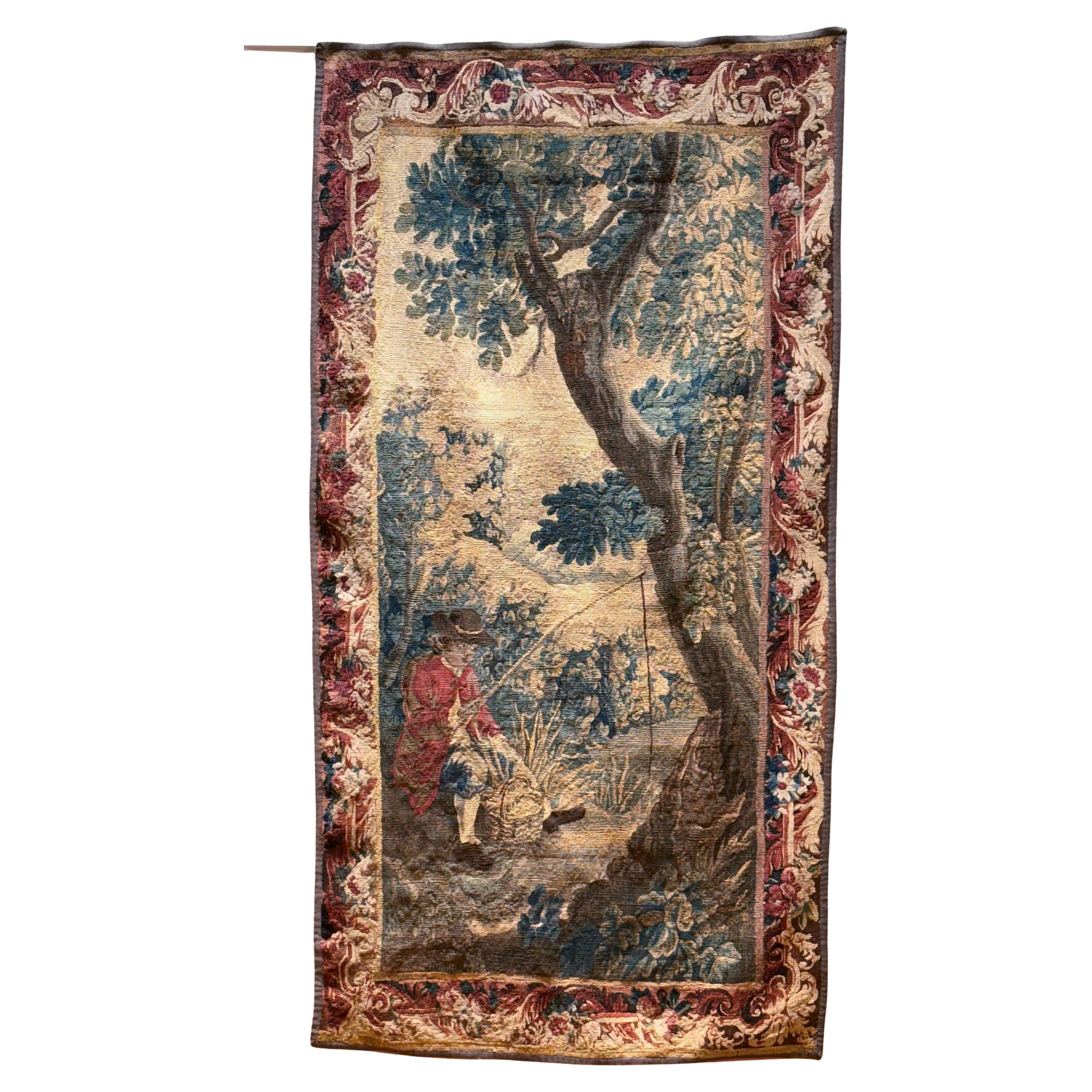 Francese Arazzo francese in stile Aubusson raffigurante una scena di pesca (H. 85 1/4 x L. 44) in vendita