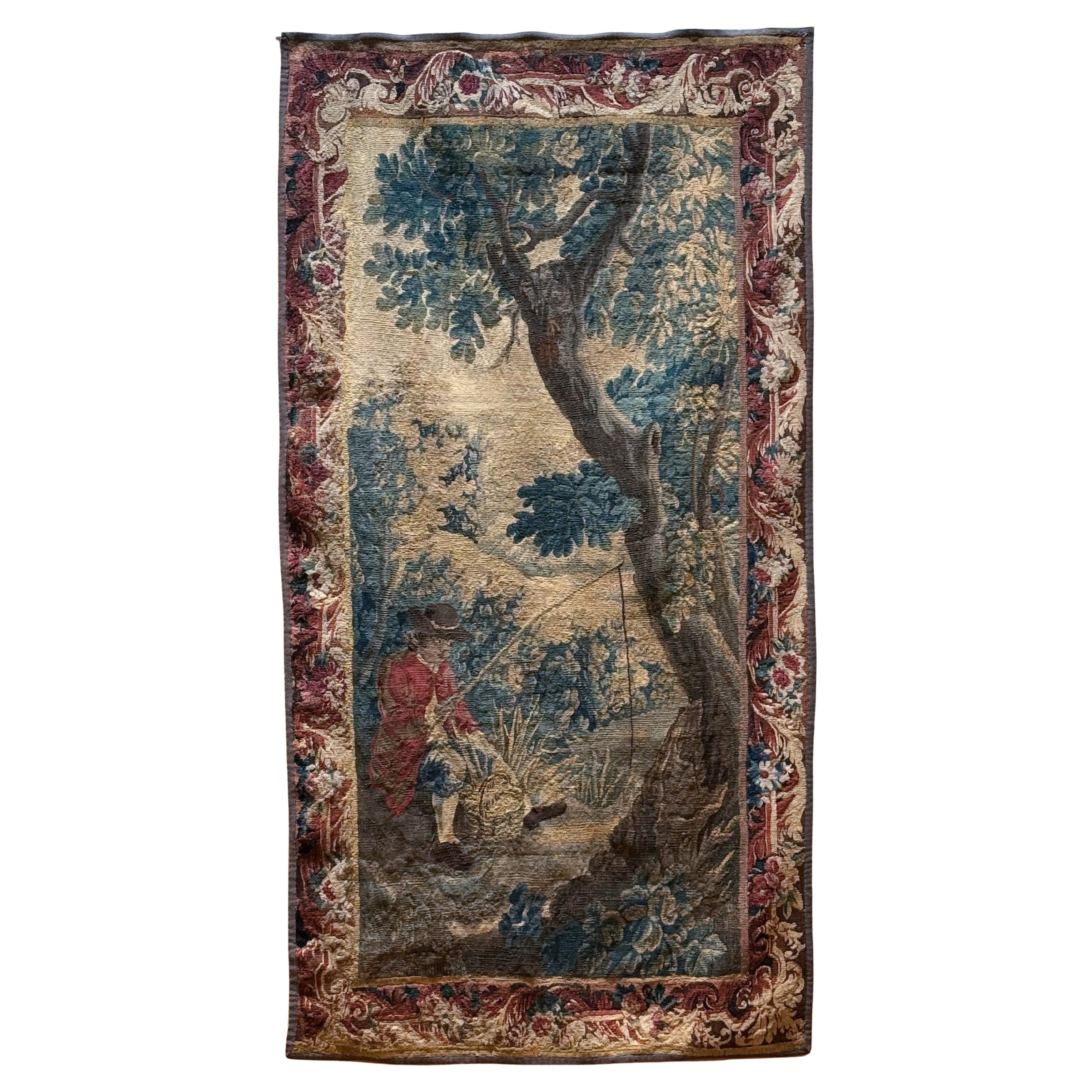 Arazzo francese in stile Aubusson raffigurante una scena di pesca (H. 85 1/4 x L. 44) in vendita