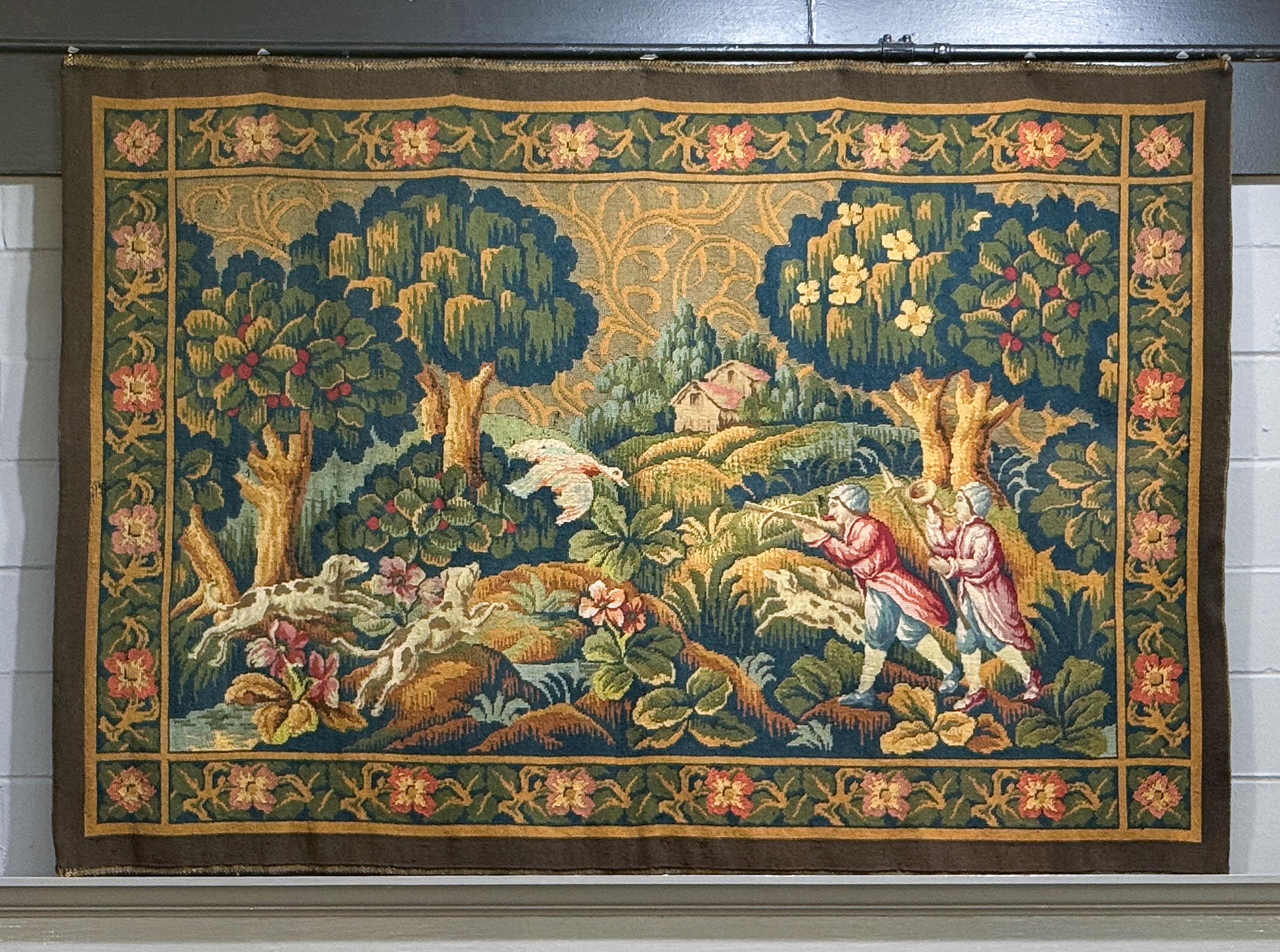 French Aubusson Style Tapestry Depicting a Hunting Scene (H 41 1/2 x W 59) In Good Condition For Sale In Austin, TX