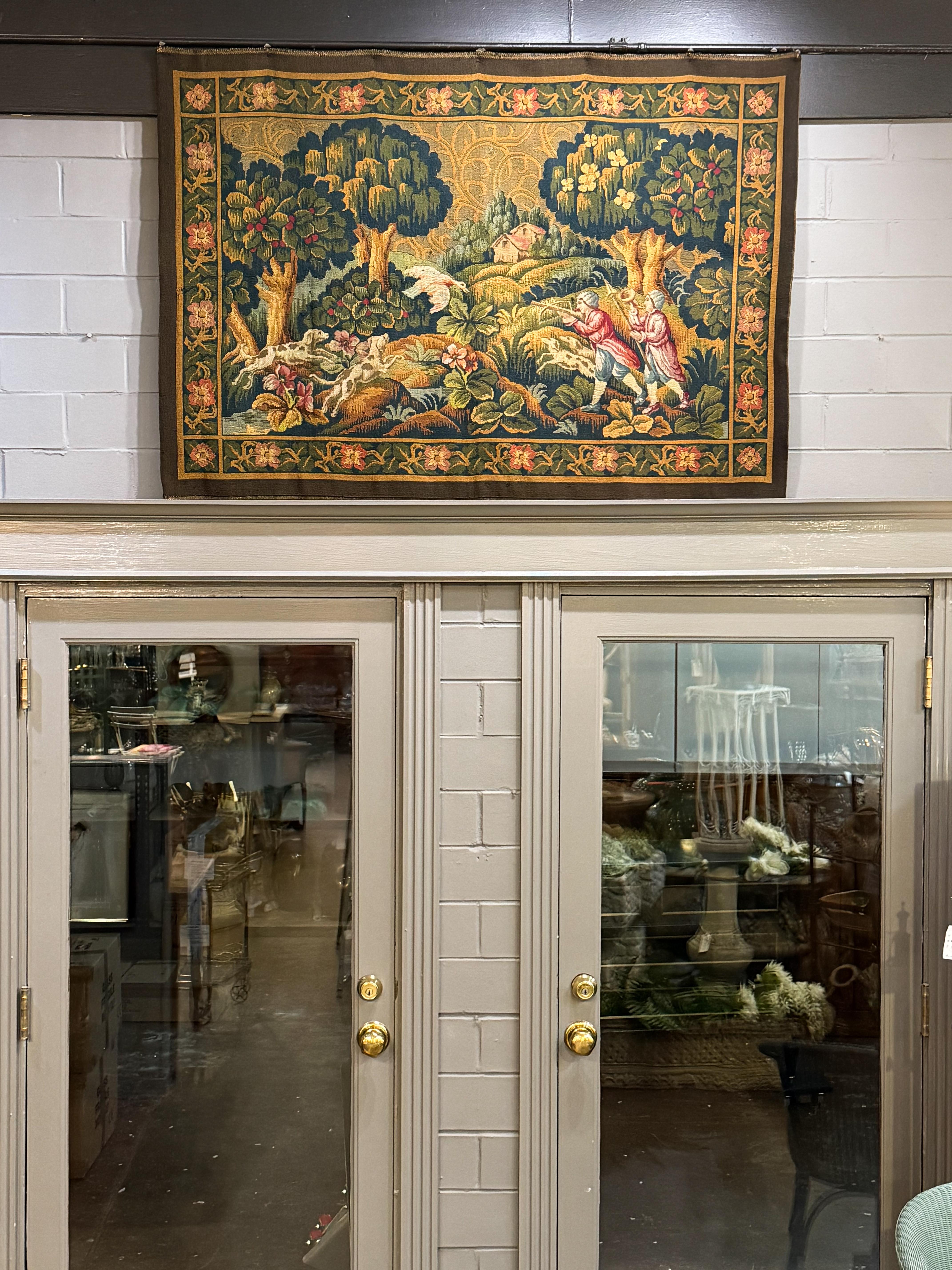 19th Century French Aubusson Style Tapestry Depicting a Hunting Scene (H 41 1/2 x W 59) For Sale