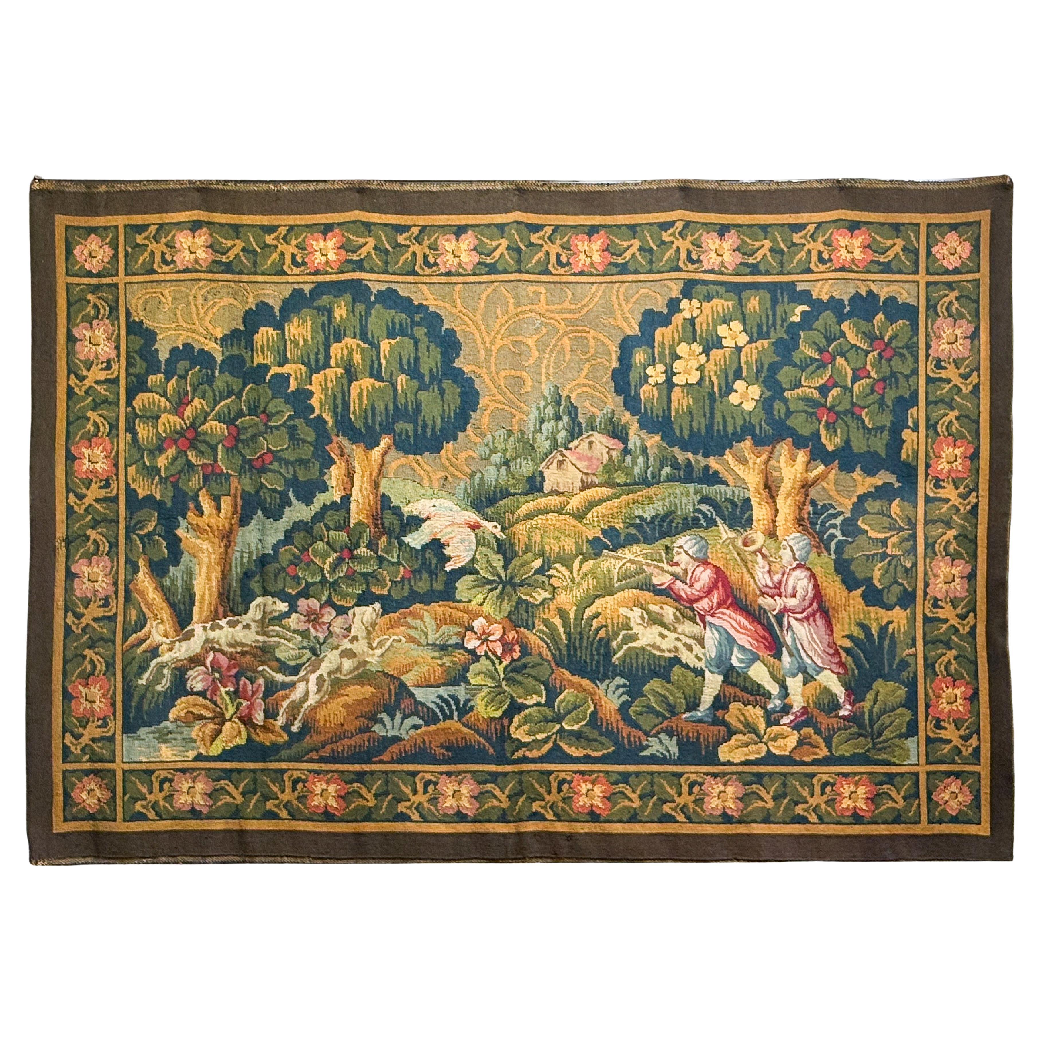 French Aubusson Style Tapestry Depicting a Hunting Scene (H 41 1/2 x W 59)