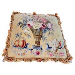 French Aubusson Style Tapestry Pillow with Silk Velvet Backing