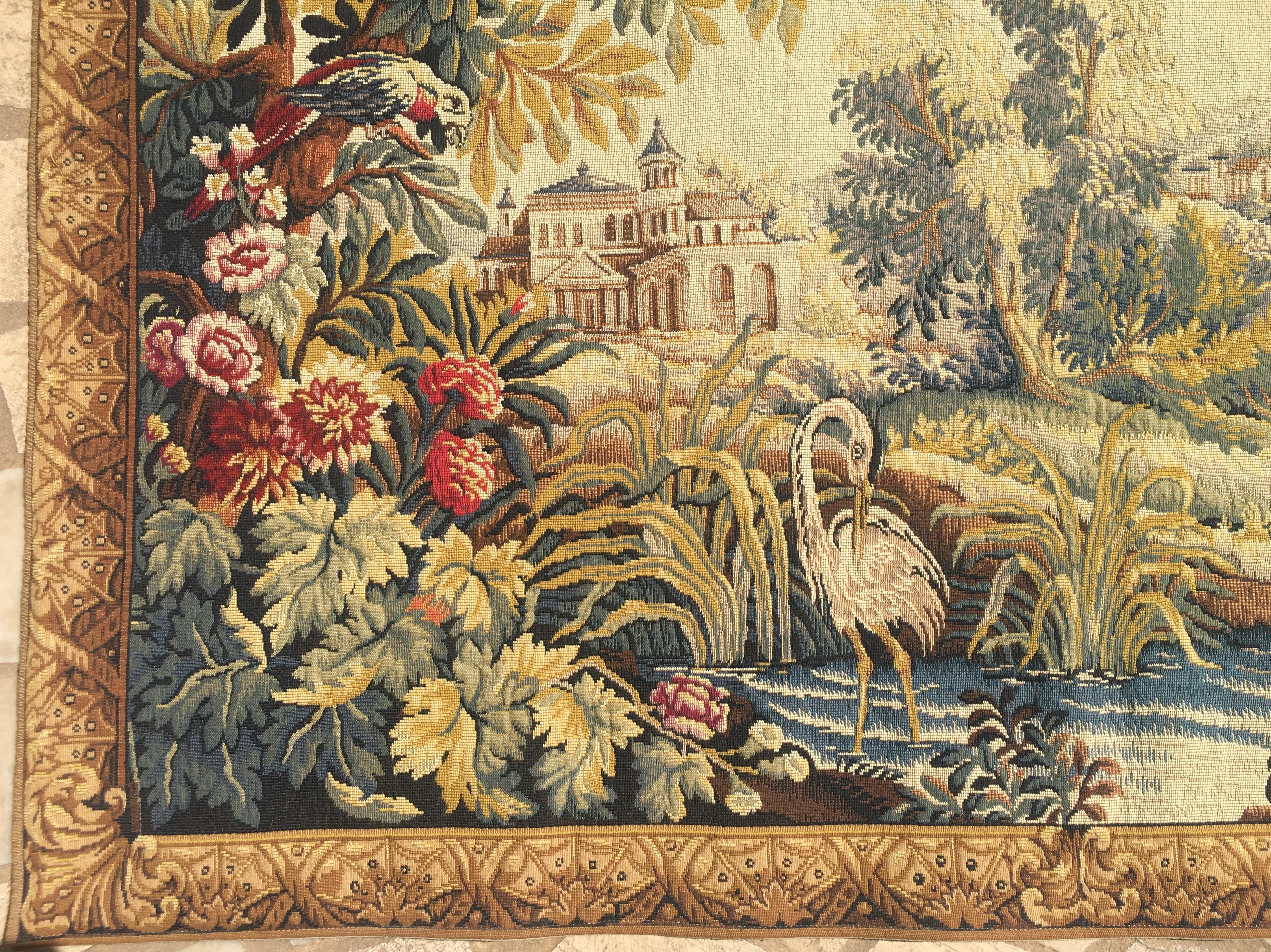 Hand-Crafted French Aubusson Style Tapestry with Castles, River, Ducks, and Foliage