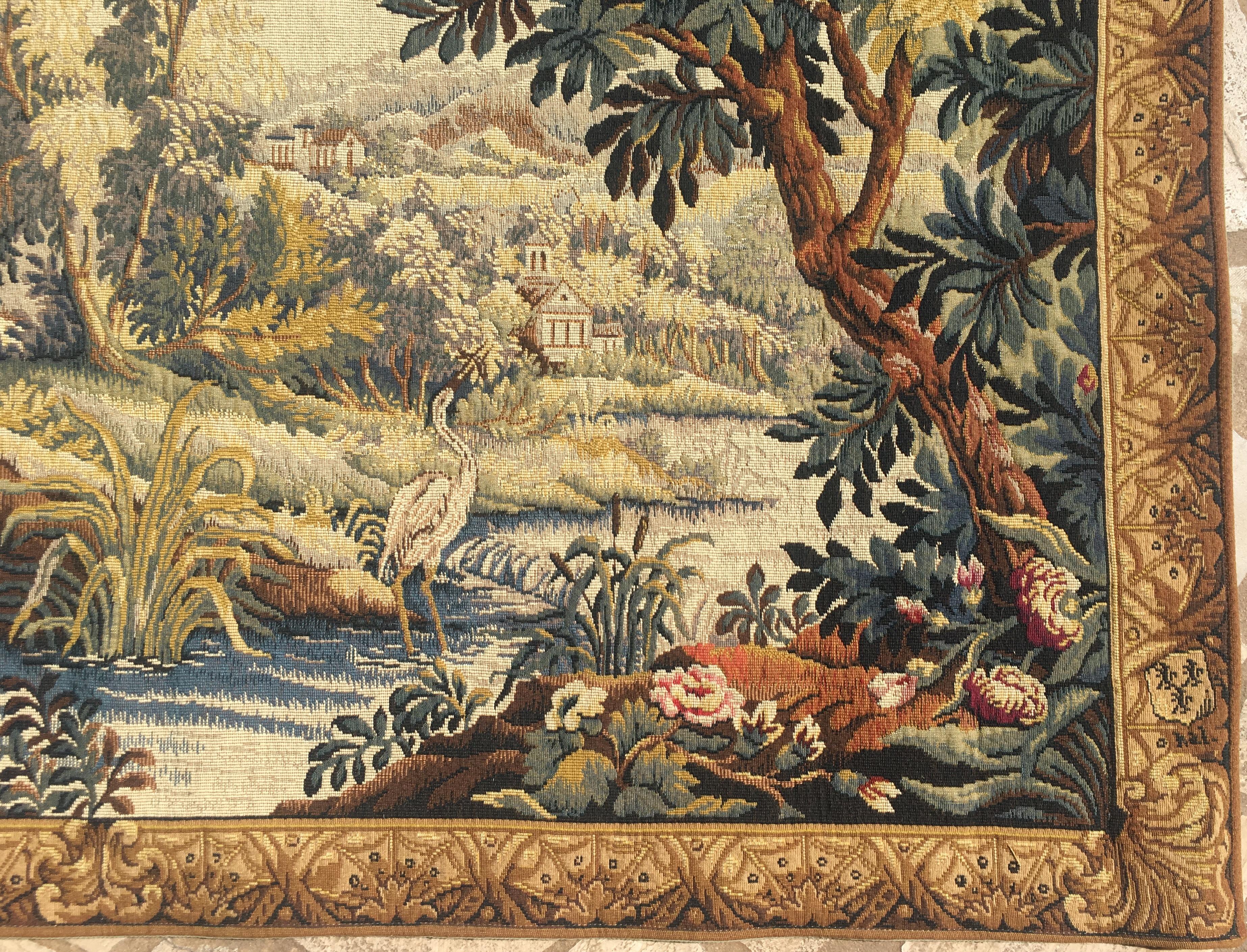 French Aubusson Style Tapestry with Castles, River, Ducks, and Foliage In Good Condition In Miami, FL