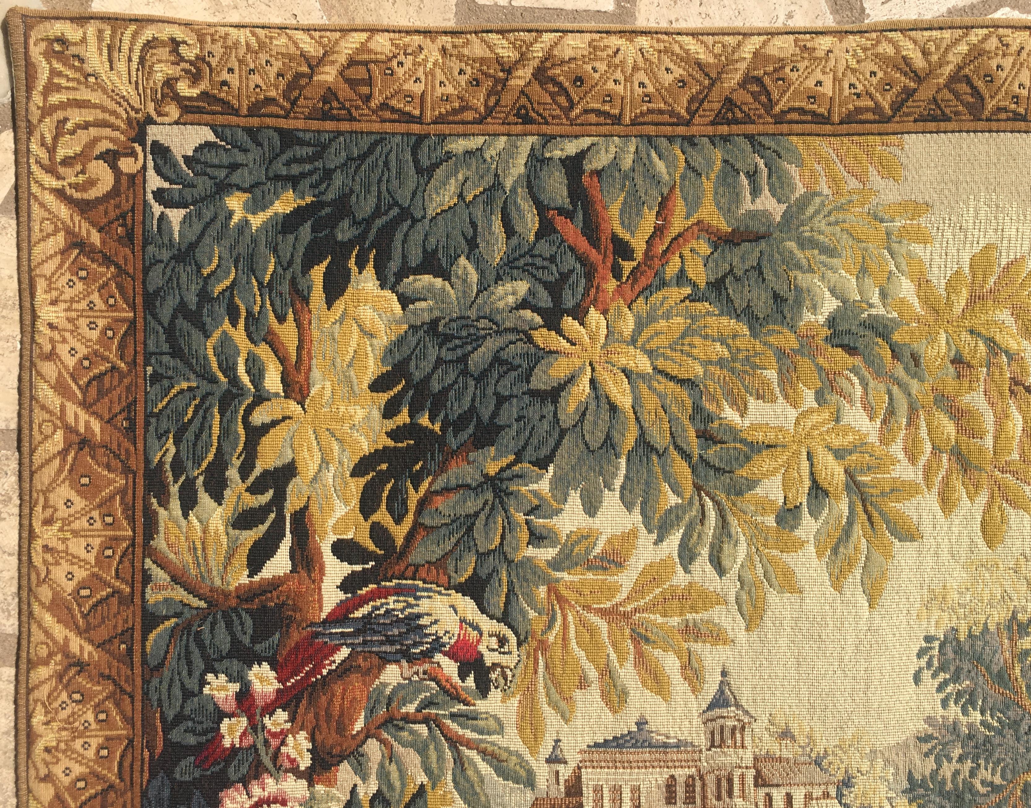 20th Century French Aubusson Style Tapestry with Castles, River, Ducks, and Foliage