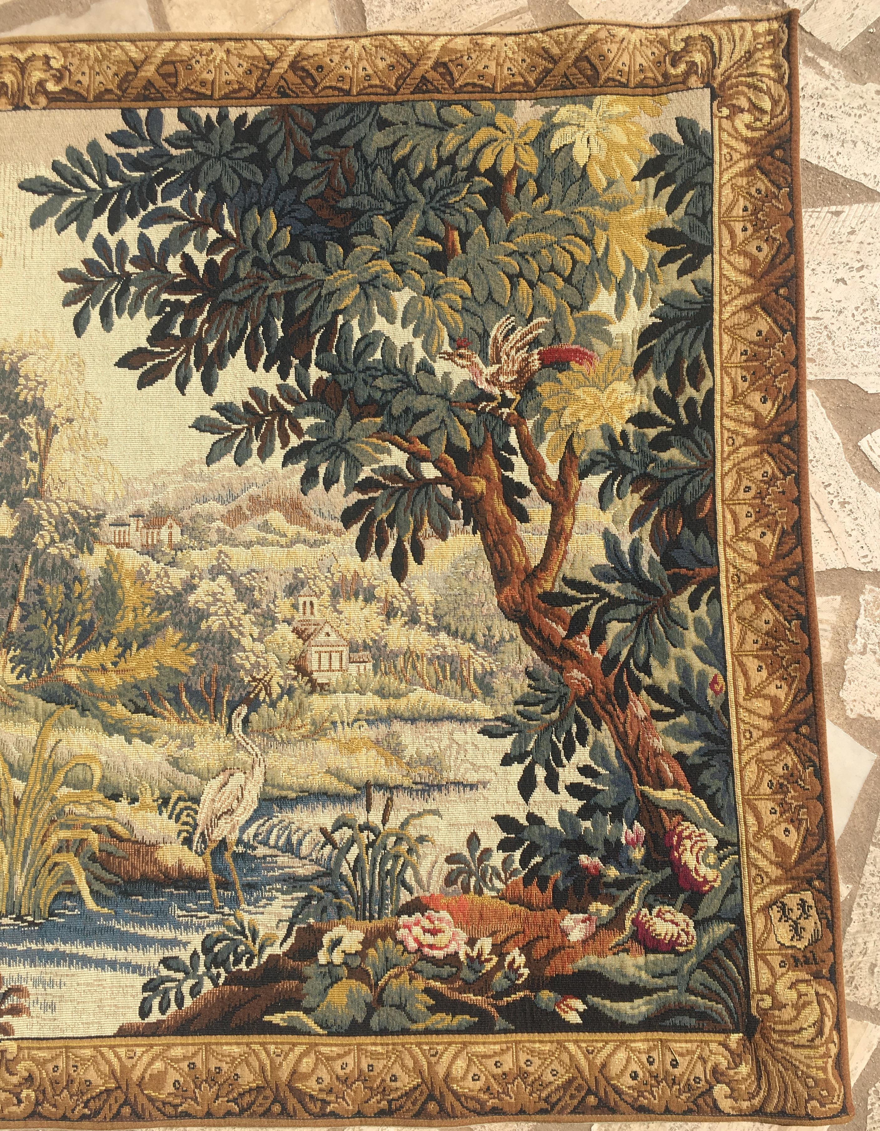 French Aubusson Style Tapestry with Castles, River, Ducks, and Foliage 1