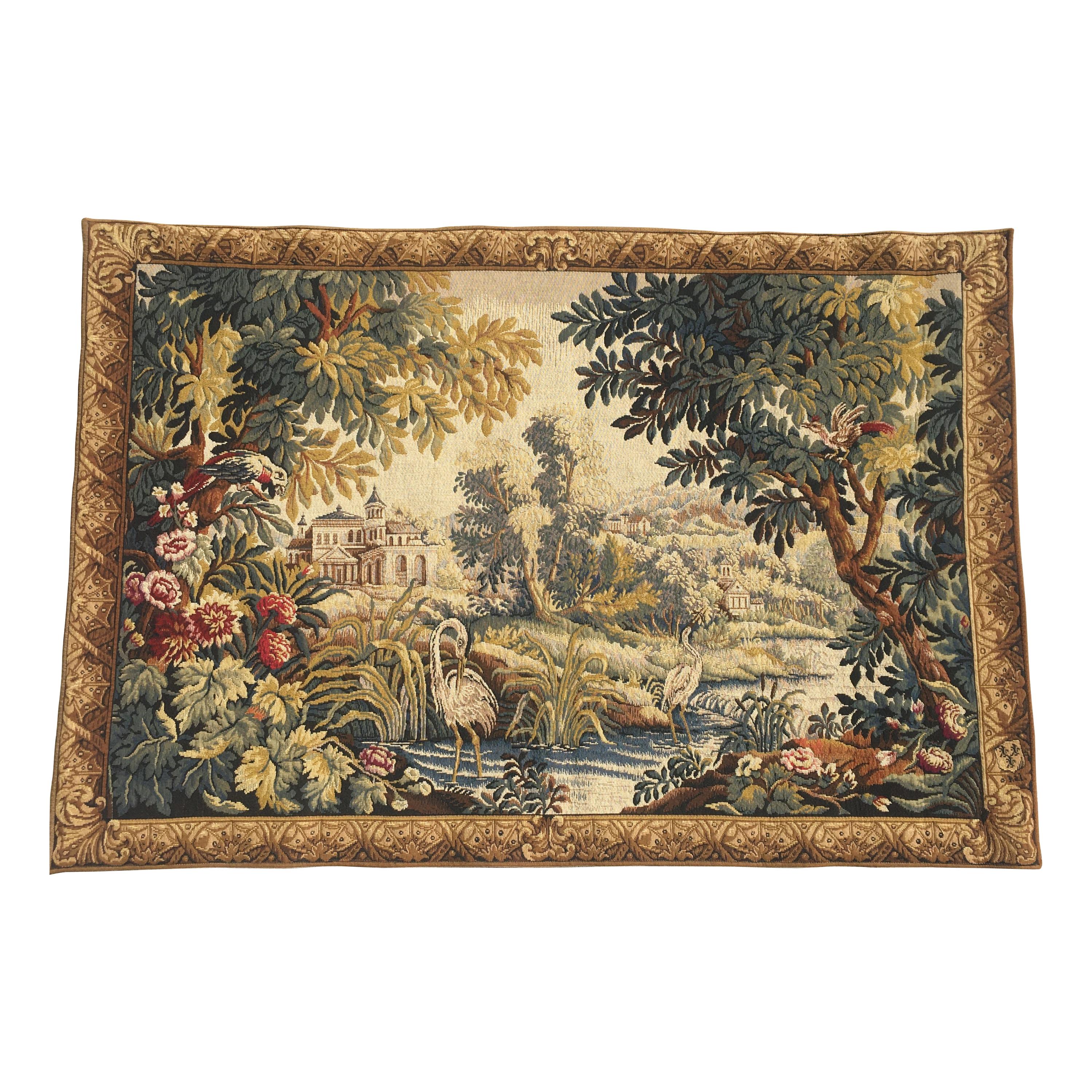 French Aubusson Style Tapestry with Castles, River, Ducks, and Foliage