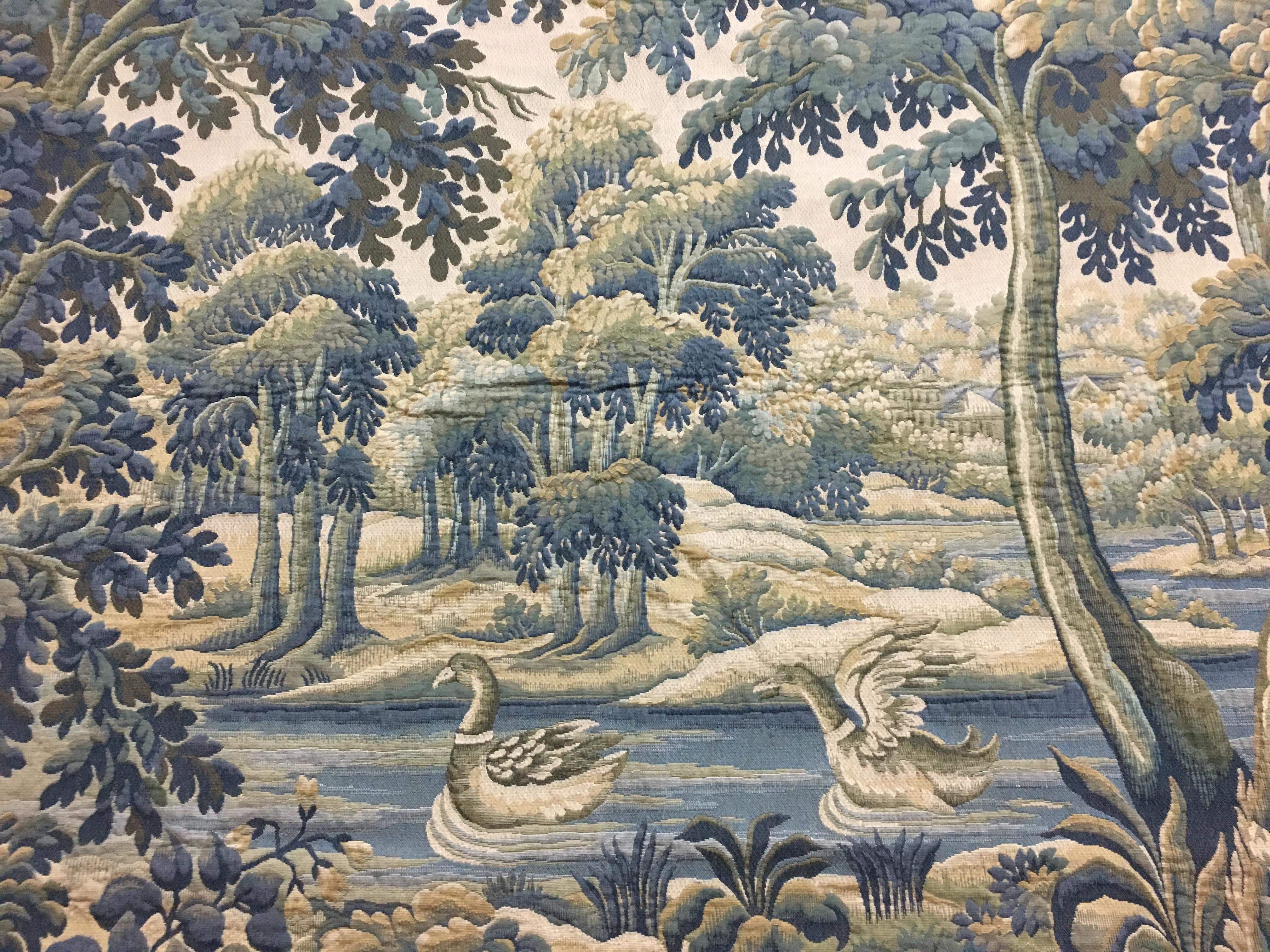 Hand-Crafted French Aubusson Style Verdure Tapestry with Rivers, Ducks, and Foliage