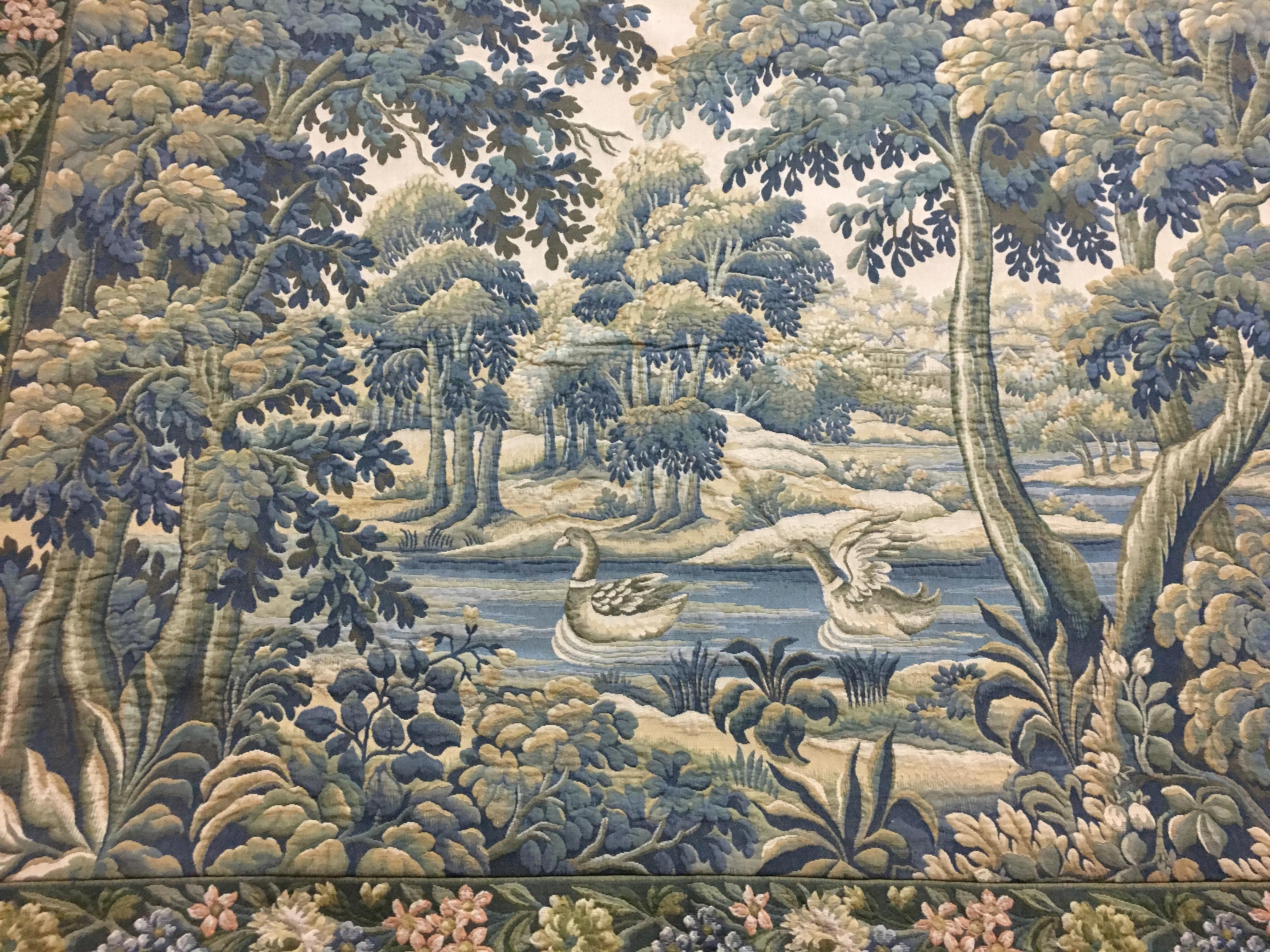 French Aubusson Style Verdure Tapestry with Rivers, Ducks, and Foliage In Good Condition In Miami, FL