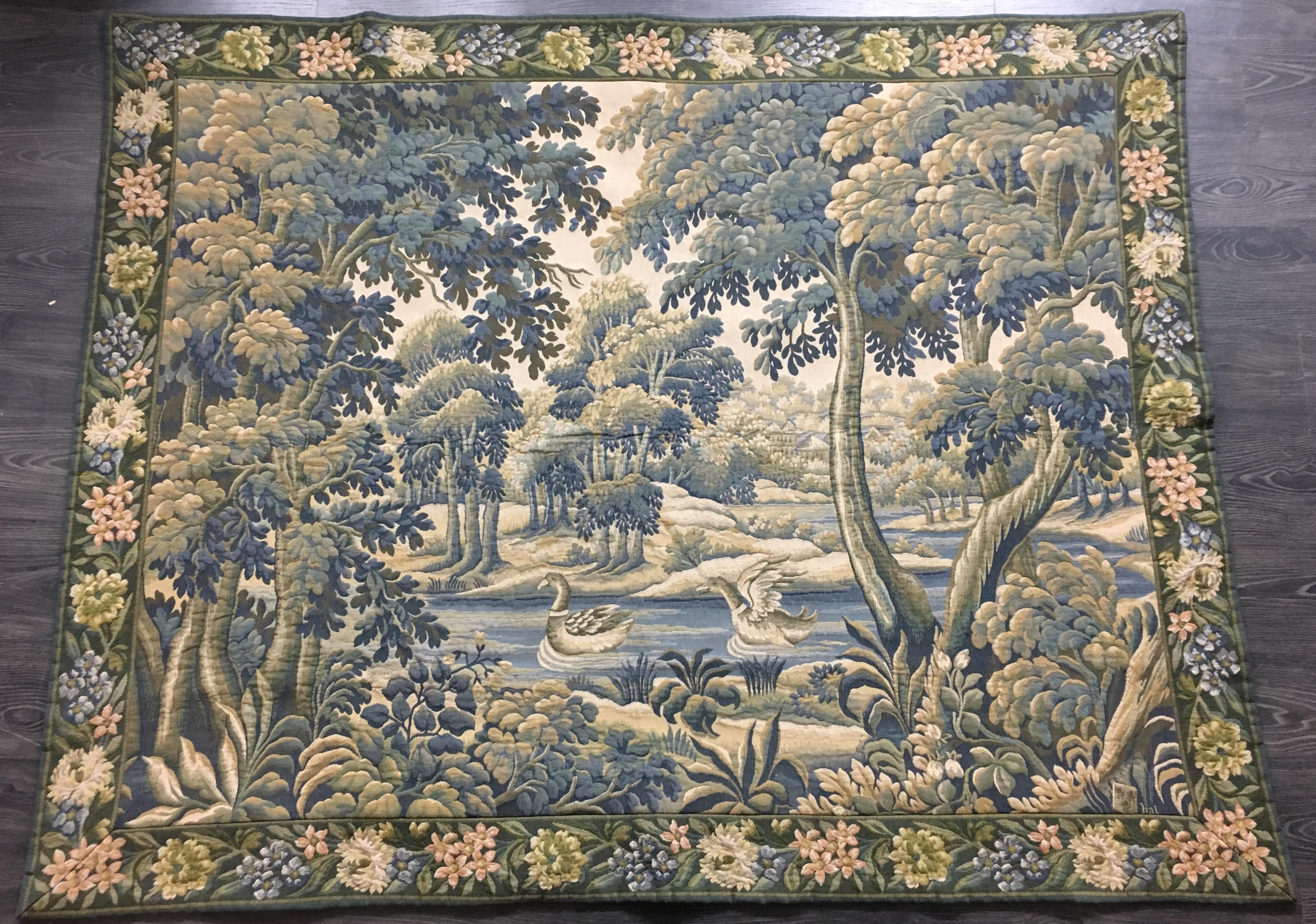 French Aubusson Style Verdure Tapestry with Rivers, Ducks, and Foliage 3