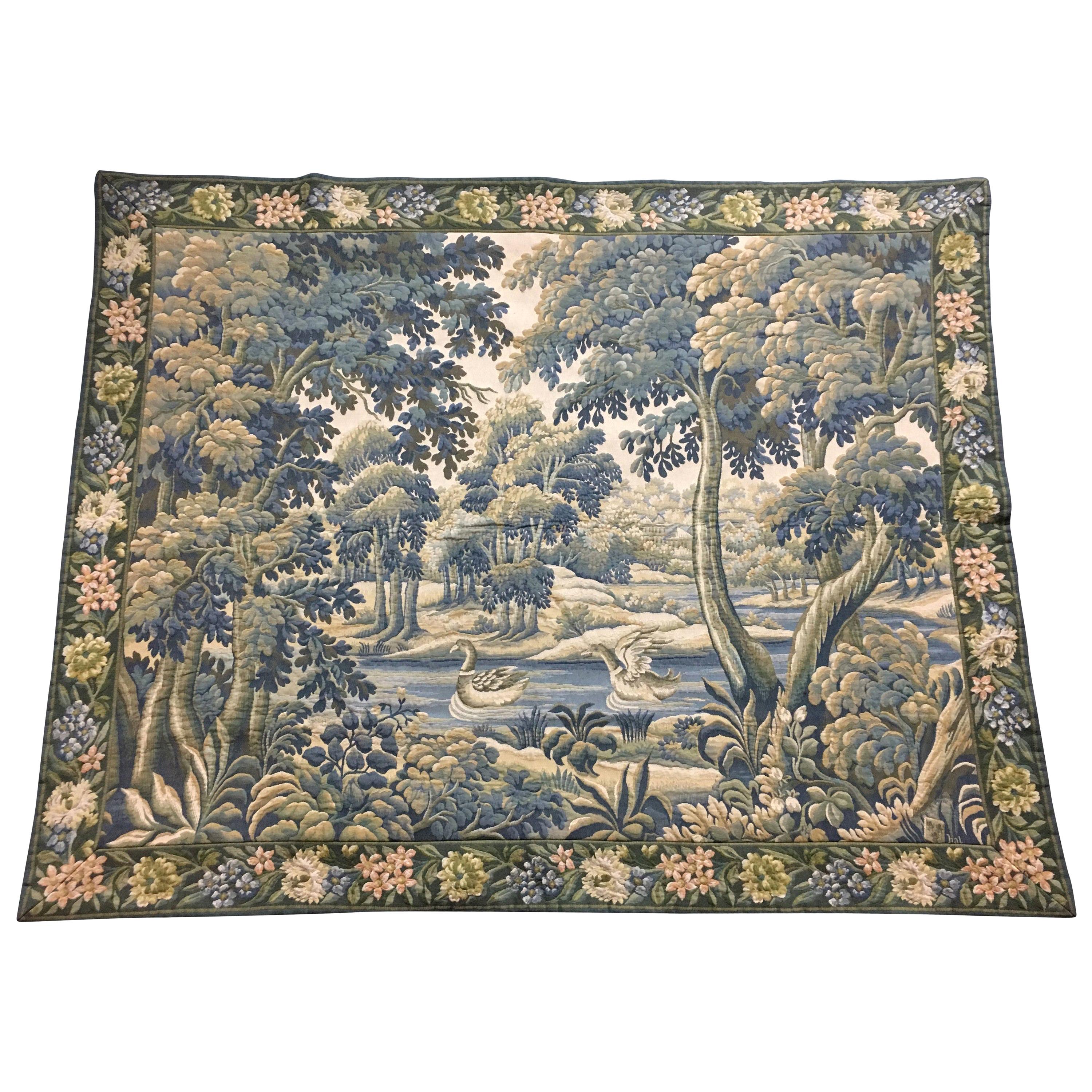 French Aubusson Style Verdure Tapestry with Rivers, Ducks, and Foliage