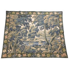 Vintage French Aubusson Style Verdure Tapestry with Rivers, Ducks, and Foliage