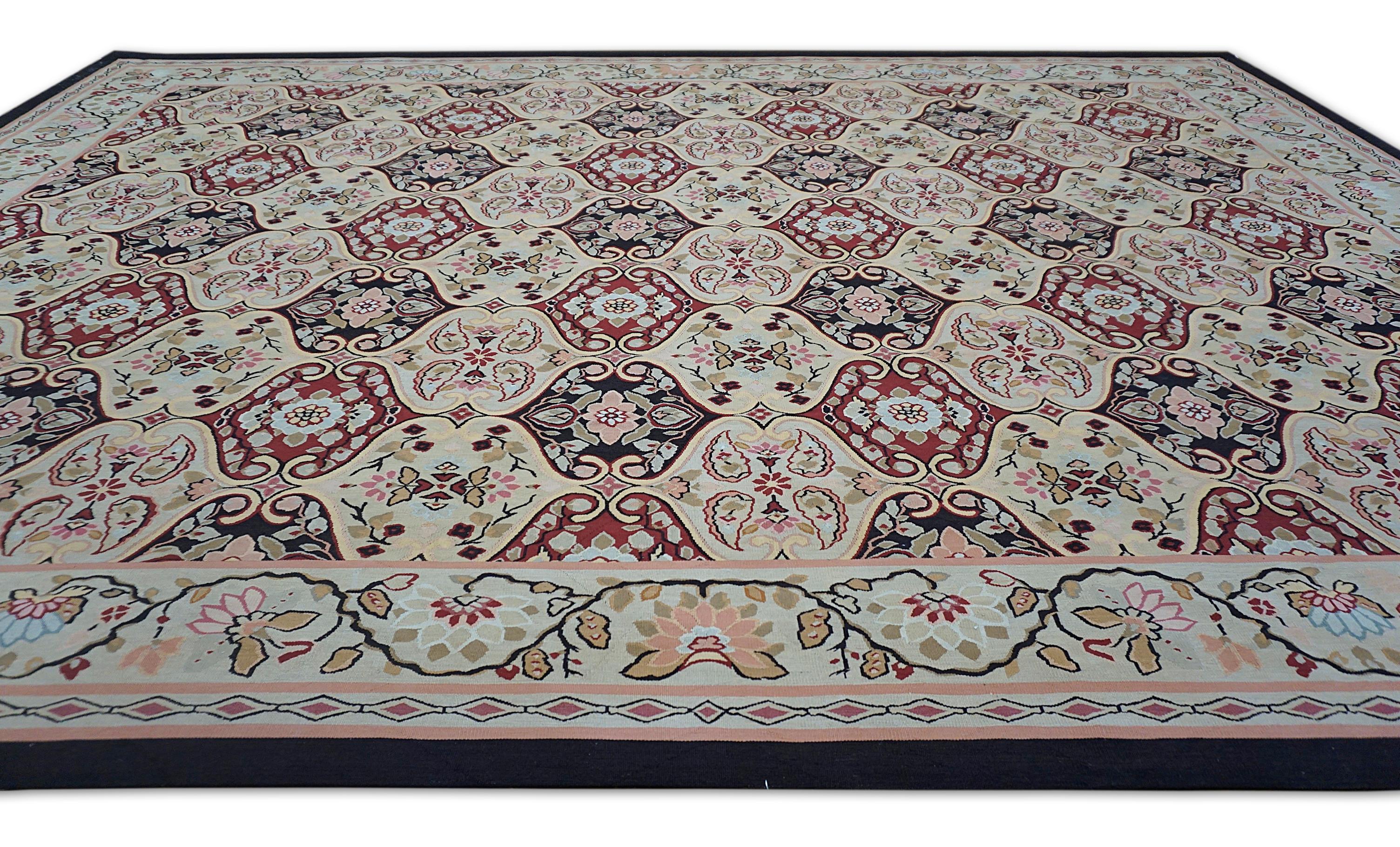 Arte popolare Tappeto in lana annodato a mano in stile Aubusson francese rosso e nero 9'x12'5'' in vendita