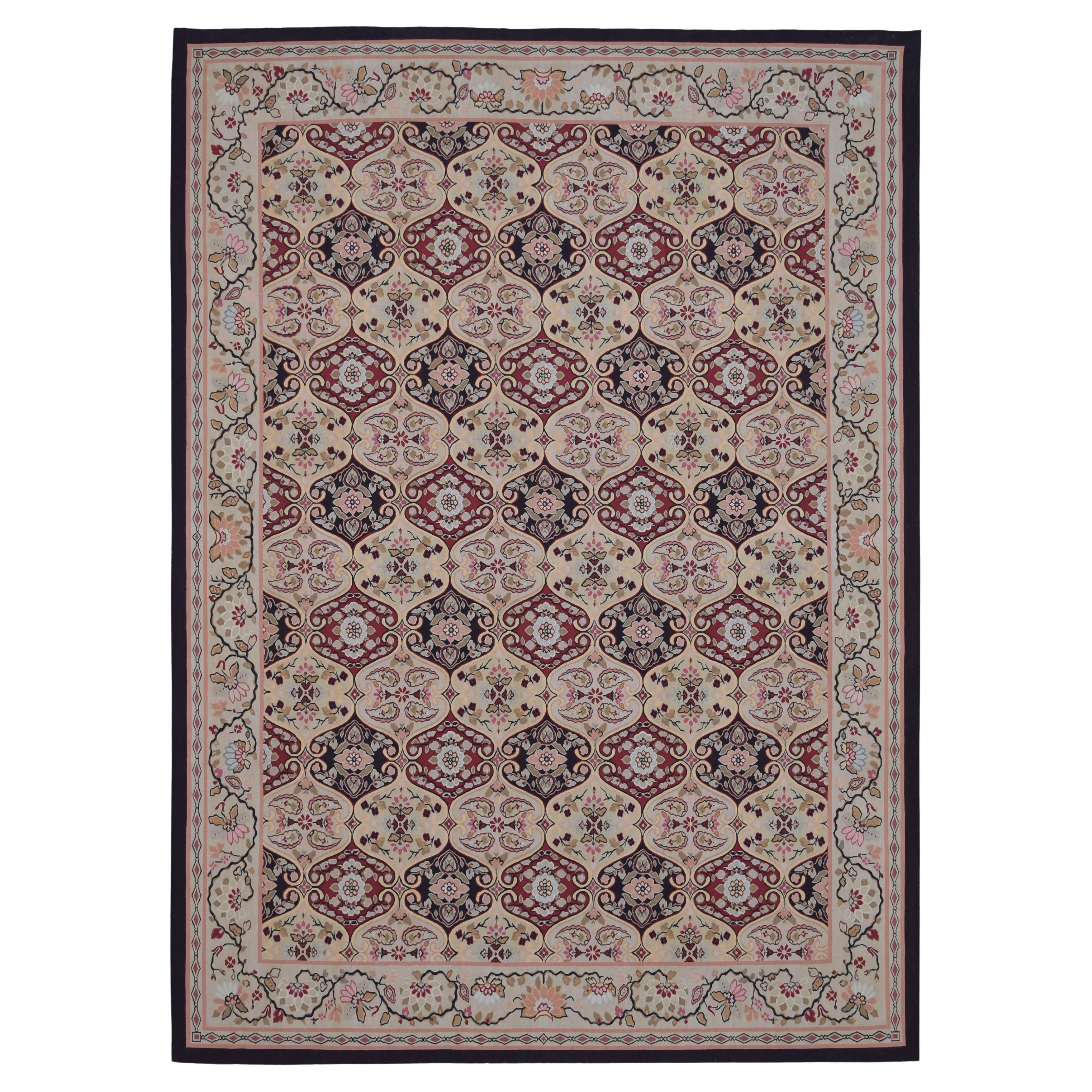 Tappeto in lana annodato a mano in stile Aubusson francese rosso e nero 9'x12'5'' in vendita