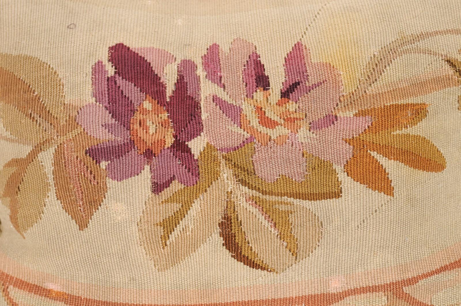 French Aubusson Tapestry 19th Century Pillow with Purple Floral Décor, Tassels For Sale 5