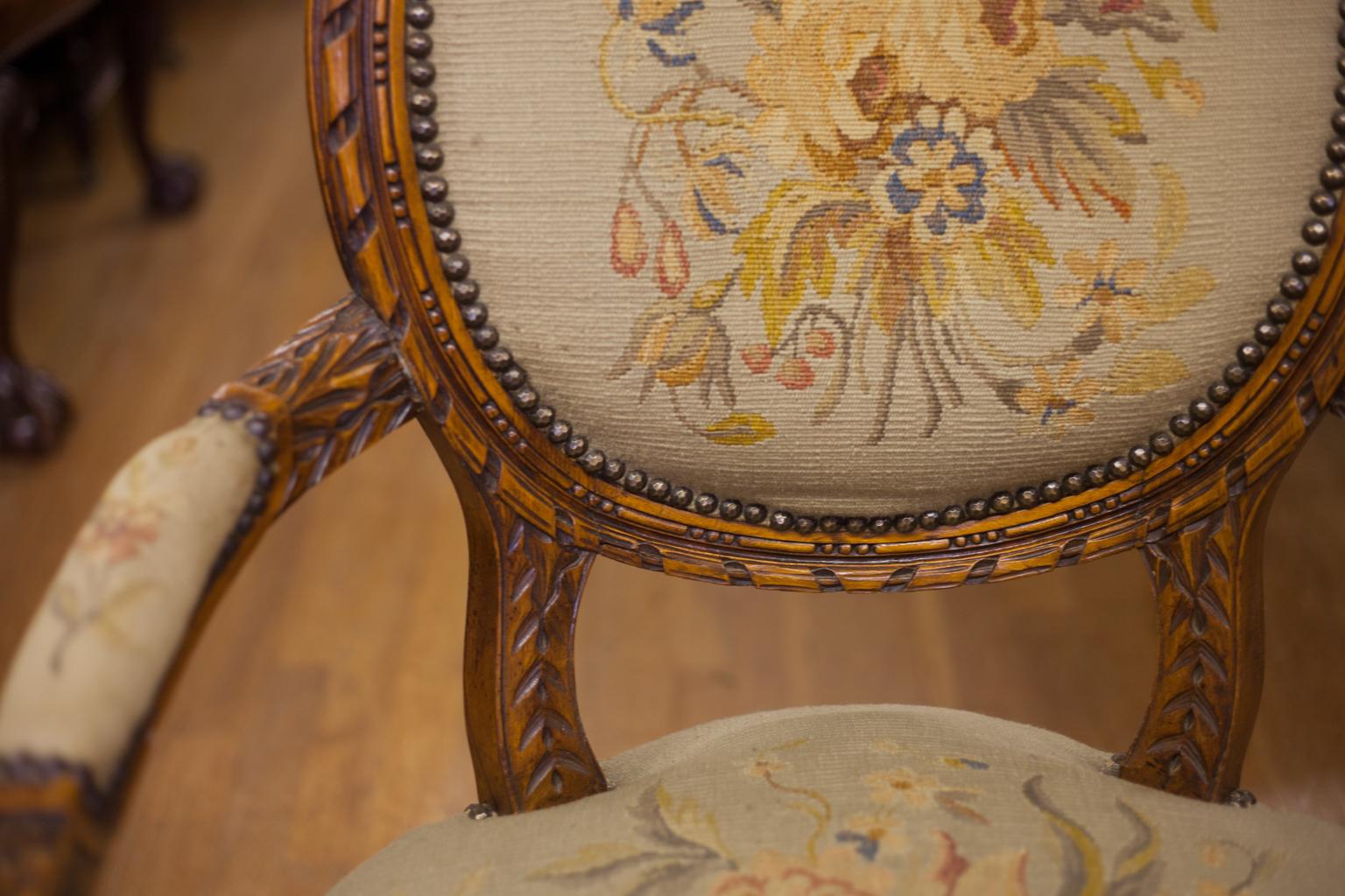 Hand-Carved French Aubusson Tapestry Armchair For Sale