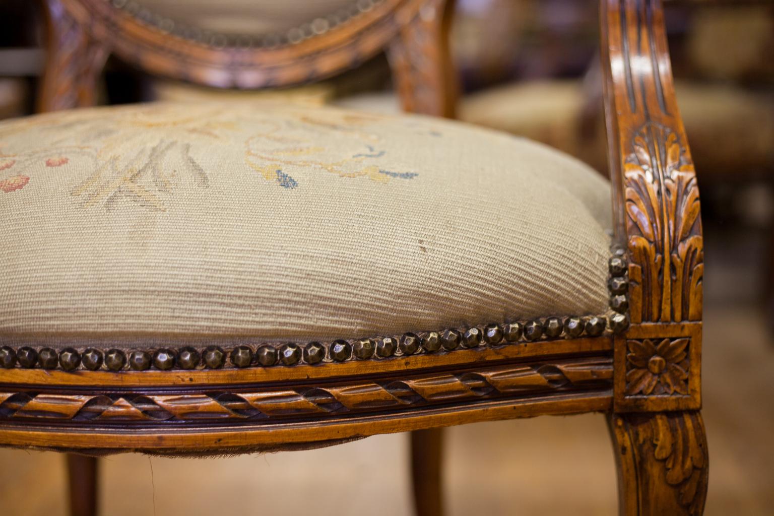 Hand-Carved French Aubusson Tapestry Armchair For Sale