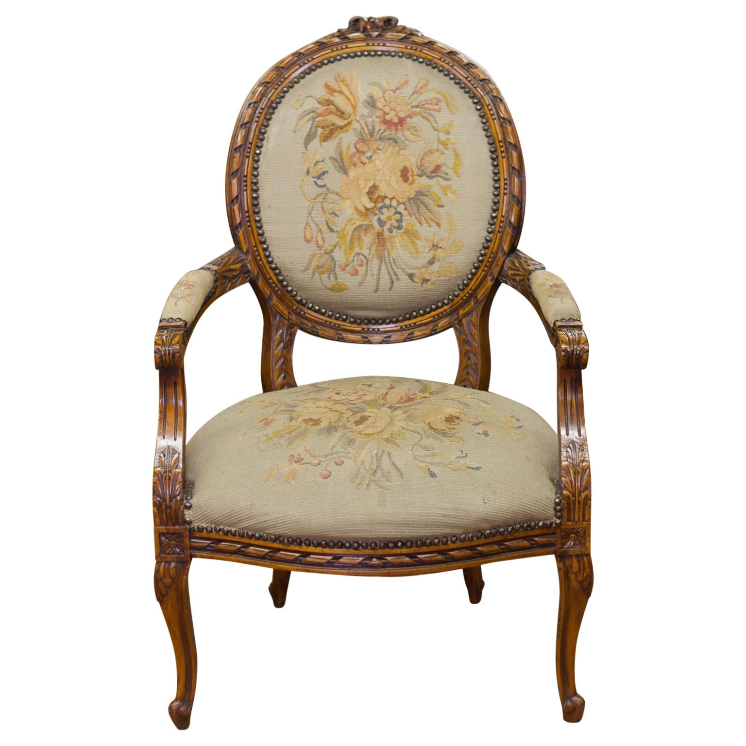 French Aubusson Tapestry Armchair For Sale