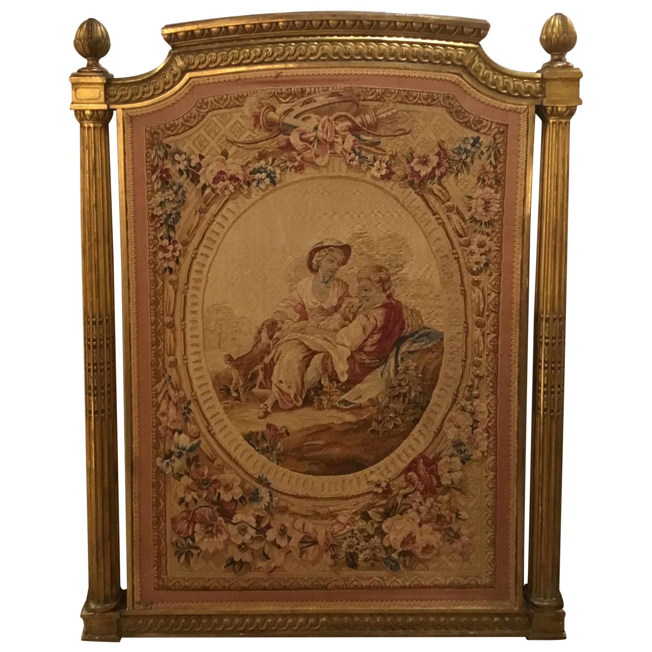 French Aubusson Tapestry in Giltwood Frame, 19th Century, with Garden Scene