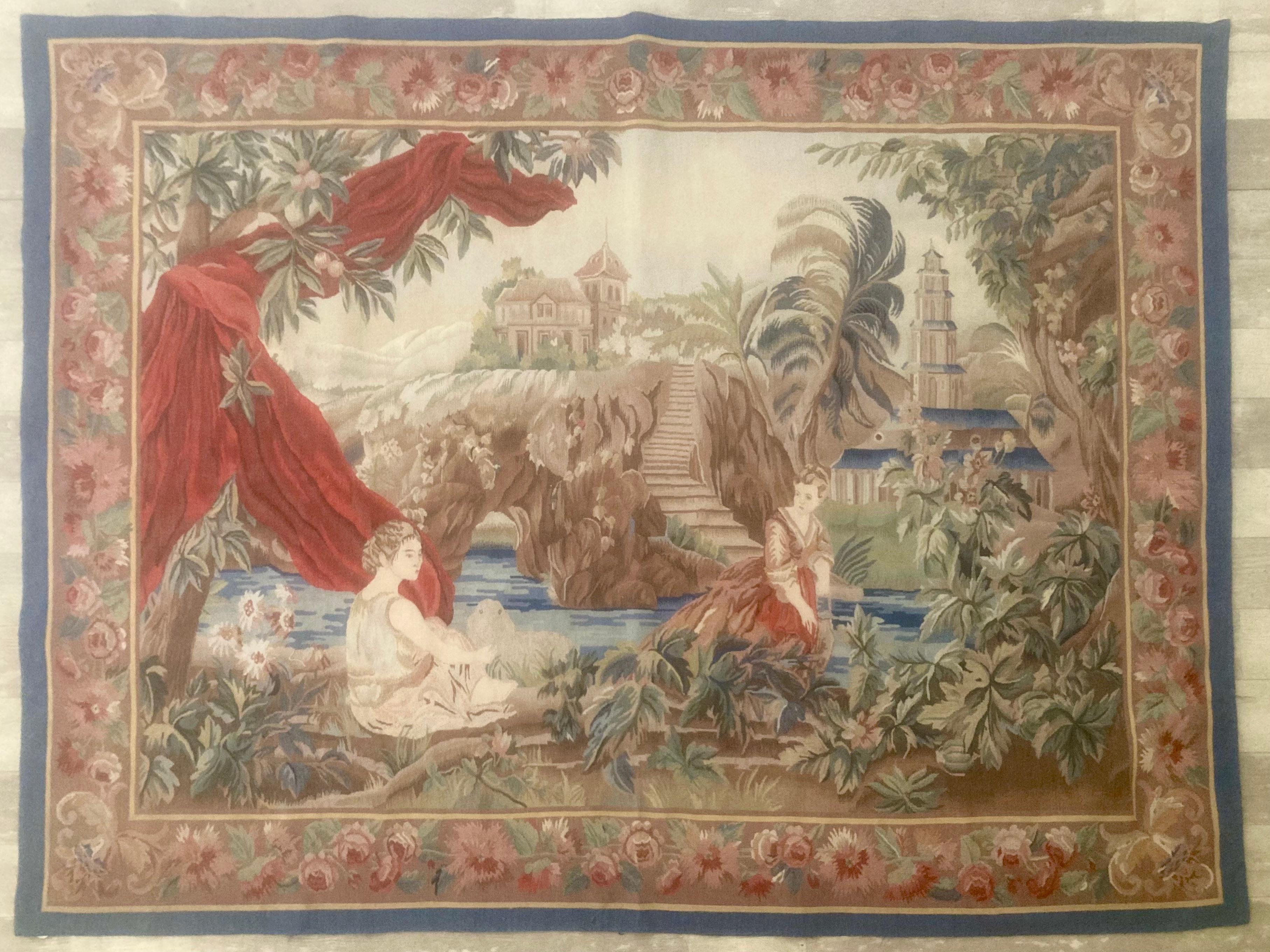 French Aubusson tapestry in the allegorical style. Beautiful colors and details figures drapes building botanical and a pagoda, too. 18th Century style. Add some classic French style to your home.