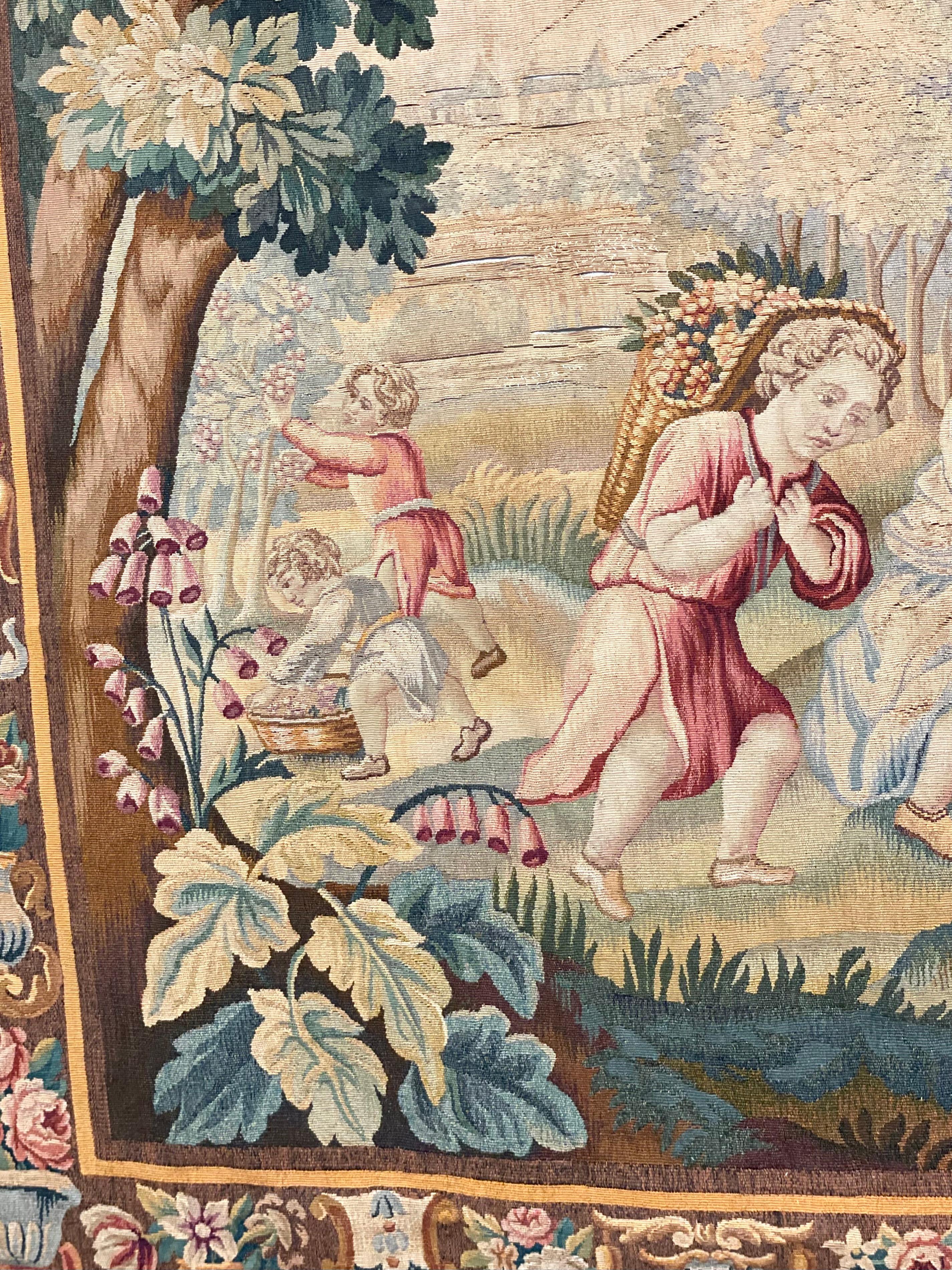 French Aubusson Tapestry, 'Lady and Children Picking Up Fruits' For Sale 5